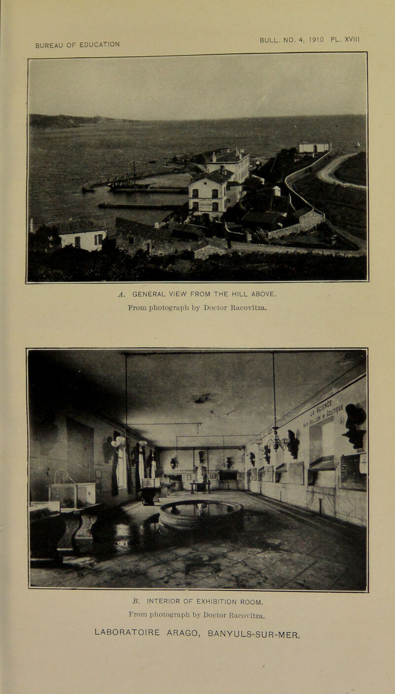 A. GENERAL VIEW FROM THE HILL ABOVE. From photograph by Doctor Raeovitza. B. INTERIOR OF EXHIBITION ROOM. From photograph by Doctor Raeovitza. LABORATOIRE ARAGO, BANYULS-SUR-MER,