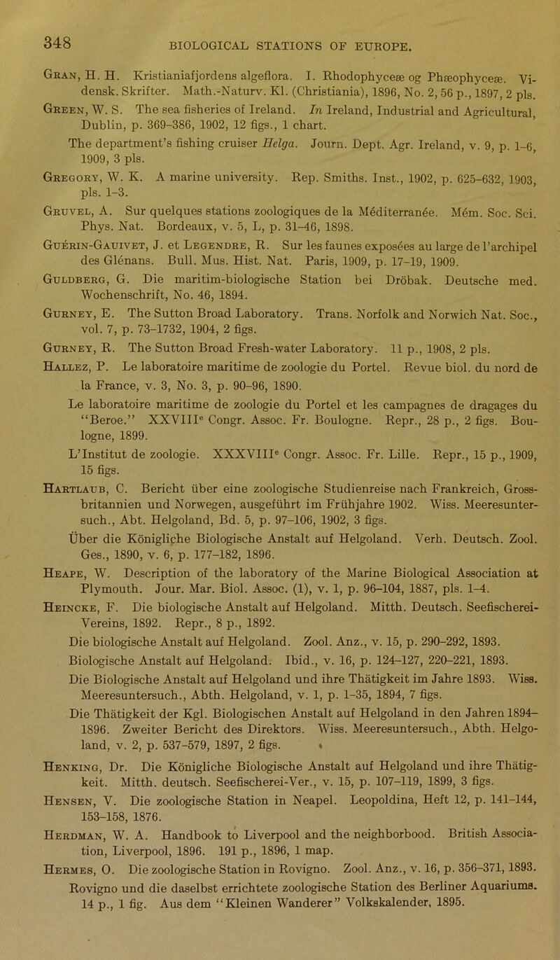 Gran, H. H. Kristianiafjordens algeflora. I. Rhodophyceae og Phaeophycea;. Vi- densk. Skrifter. Math.-Naturv. Kl. (Christiania), 1896, No. 2, 56 p., 1897, 2 pis. Green, W. S. The sea fisheries of Ireland. In Ireland, Industrial and Agricultural Dublin, p. 369-386, 1902, 12 figs., 1 chart. The department’s fishing cruiser Ilelga. Journ. Dept. Agr. Ireland, v. 9, p. 1-6 1909, 3 pis. Gregory, W. K. A marine university. Rep. Smiths. Inst., 1902, p. 625-632, 1903, pis. 1-3. Gruvel, A. Sur quelques stations zoologiques de la M6diterran6e. M6m. Soc. Sci. Phys. Nat. Bordeaux, v. 5, L, p. 31-46, 1898. Guerin-Gauivet, J. et Legendre, R. Sur les faunes expos^es au large de l’archipel des Glenans. Bull. Mus. Hist. Nat. Paris, 1909, p. 17-19, 1909. Guldberg, G. Die maritim-biologische Station bei Drobak. Deutsche med. Wochenschrift, No. 46, 1894. Gurney, E. The Sutton Broad Laboratory. Trans. Norfolk and Norwich Nat. Soc., vol. 7, p. 73-1732, 1904, 2 figs. Gurney, R. The Sutton Broad Fresh-water Laboratory. 11 p., 1908, 2 pis. Hallez, P. Le laboratoire maritime de zoologie du Portel. Revue biol. du nord de la France, v. 3, No. 3, p. 90-96, 1890. Le laboratoire maritime de zoologie du Portel et les campagnes de dragages du “Beroe.” XXVIII6 Congr. Assoc. Fr. Boulogne. Repr., 28 p., 2 figs. Bou- logne, 1899. L’Institut de zoologie. XXXVIIIe Congr. Assoc. Fr. Lille. Repr., 15 p., 1909, 15 figs. Hartlaub, C. Bericht fiber eine zoologische Studienreise nach Frankreich, Gross- britannien und Norwegen, ausgeffihrt im Frfihjahre 1902. Wiss. Meeresunter- such., Abt. Helgoland, Bd. 5, p. 97-106, 1902, 3 figs. Uber die Konigliche Biologische Anstalt auf Helgoland. Verh. Deutsch. Zool. Ges., 1890, v. 6, p. 177-182, 1896. Heape, W. Description of the laboratory of the Marine Biological Association at Plymouth. Jour. Mar. Biol. Assoc. (1), v. 1, p. 96-104, 1887, pis. 1-4. Heincke, F. Die biologische Anstalt auf Helgoland. Mitth. Deutsch. Seefischerei- Vereins, 1892. Repr., 8 p., 1892. Die biologische Anstalt auf Helgoland. Zool. Anz., v. 15, p. 290-292,1893. Biologische Anstalt auf Helgoland. Ibid., v. 16, p. 124-127, 220-221, 1893. Die Biologische Anstalt auf Helgoland und ihre Thatigkeit im Jahre 1893. Wiss. Meeresuntersuch., Abth. Helgoland, v. 1, p. 1-35, 1894, 7 figs. Die Thatigkeit der Kgl. Biologischen Anstalt auf Helgoland in den Jahrenl894- 1896. Zweiter Bericht des Direktors. Wiss. Meeresuntersuch., Abth. Helgo- land, v. 2, p. 537-579, 1897, 2 figs. * Henking, Dr. Die Konigliche Biologische Anstalt auf Helgoland und ihre Thatig- keit. Mitth. deutsch. Seefischerei-Ver., v. 15, p. 107-119, 1899, 3 figs. Hensen, V. Die zoologische Station in Neapel. Leopoldina, Heft 12, p. 141-144, 153-158, 1876. Herdman, W. A. Handbook to Liverpool and the neighborhood. British Associa- tion, Liverpool, 1896. 191 p., 1896, 1 map. Hermes, O. Die zoologische Station in Rovigno. Zool. Anz., v. 16, p. 356-371,1893. Rovigno und die daselbst errichtete zoologische Station des Berliner Aquariuma. 14 p., 1 fig. Aus dem “Kleinen Wanderer” Volkskalender, 1895.