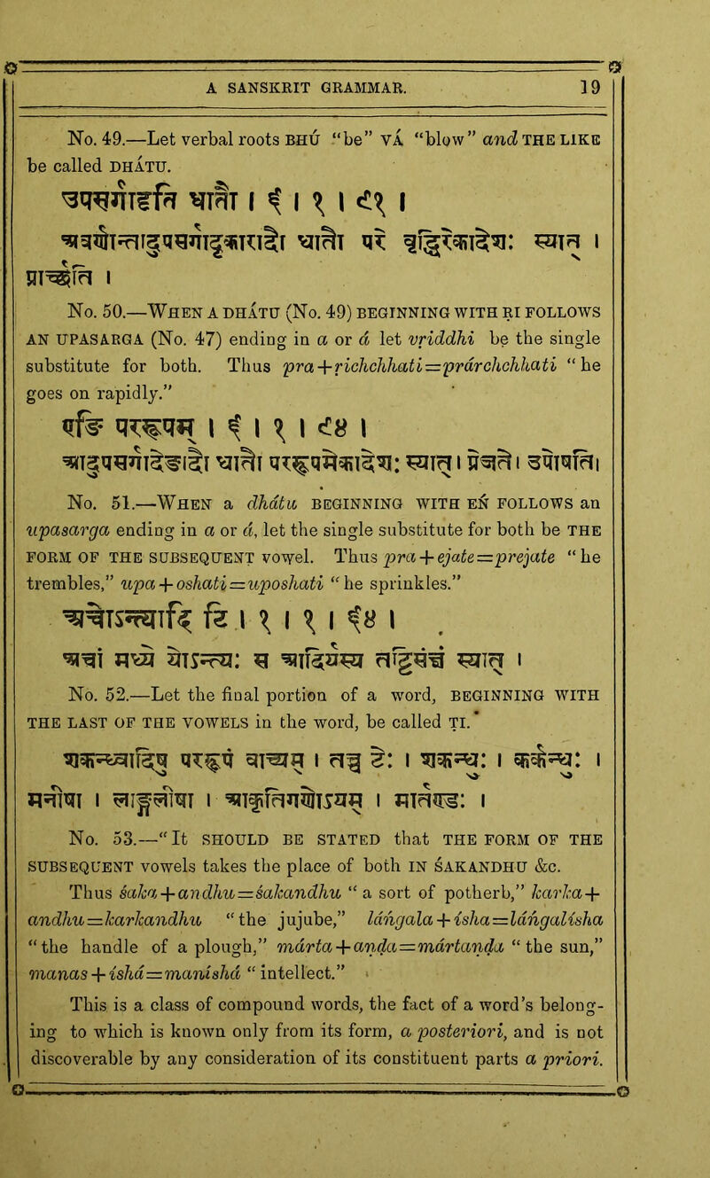 A SANSKRIT GRAMMAR. 19 No. 49.—Let verbal roots bhu “be” VA “blow ” and the like be called dhatu. W \ i \ \ \<Z\\ vitSt i i No. 50.—When a dhatu (No. 49) beginning with ri follows AN UPASARGA (No. 47) ending in a or d let vriddhi be the single substitute for both. Thus pra+richchhatL==prarchchkati “he goes on rapidly.” qfe qww i i \ i i *n<gTC>Tli&ltl tJTf qi)iRI3’l: SHrll 6s|?n 33131?li No. 51.—When a dhatu, beginning with en; follows an npasarga ending in a or a, let the single substitute for both be the form of the subsequent vowel. Thus pra + ejate=prejate “he trembles,” upa + oshati=uposhati “he sprinkles.” W%S5rS[lf^ h i \ i \ i is i ■qqi mi ois=?a: a ■51113053 aigtre 5air? 1 No. 52.—Let the dual portion of a word, beginning with the LAST OF the yowels in the word, be called tl* 1 z: 1 ^*2: i sr^: i jq=iim 1 1 1 i No. 53.—“It SHOULD BE STATED that THE FORM OF THE subsequent vowels takes the place of both in sakandhu &c. Thus salca + andhu=sakandhu “ a sort of potherb,” karka+ andhu=karlcandhu “the jujube,” Idhgala + isha=Idngalisha “the handle of a plough,” marta + anda—martanda “ the sun,” manas + isha = manislid “ intellect.” This is a class of compound words, the fact of a word’s belong- ing to which is known only from its form, a posteriori, and is not discoverable by any consideration of its constituent parts a priori. -G