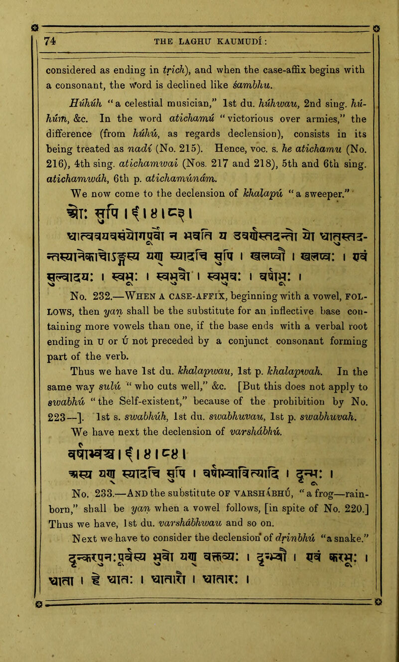 74 THE LAGHU KAUMUDI: considered as ending in trick), and when the case-affix begins with a consonant, the Word is declined like sambhu. Huhuh “a celestial musician,” 1st du. huhrvau, 2nd sing, hu- huin, &c. In the word atichamu “ victorious over armies,” the difference (from hull'd, as regards declension), consists in its being treated as nadi (No. 215). Hence, voc. s. he atichamu (No. 216), 4th sing, atichamwai (Nos. 217 and 218), 5th and 6th sing. atichamwdh, 6th p. atichamunam. We now come to the declension of Jchalapu “a sweeper. vjipaanaainnaiii a naPi a in vn?re?i3- C\ wzsnzv: 1 1 i i srew: i \» C\ C\ No. 232.—When a case-affix, beginning with a vowel, FOL- LOWS, then yan shall be the substitute for an inflective base con- taining: more vowels than one, if the base ends with a verbal root ending in u or u not preceded by a conjunct consonant forming part of the verb. Thus we have 1st du. Ichalapwau, 1st p. Jchalapivah. In the same way sulu “ who cuts well,” &c. [But this does not apply to awabhu “the Self-existent,” because of the prohibition by No. 223—]. 1st s. swabhuh, 1st du. swabhuvau, 1st p. swabhuvah. We have next the declension of varshabhu. TOW I ^ I 8 I c8 I an raTsra am 1 parts 1 1 ' ^ c ev No. 233.—And the substitute of varsh4bhu, “a frog—rain- born,” shall be yan when a vowel follows, [in spite of No. 220.] Thus we have, 1st du. varshdbhwau and so on. Next we have to consider the declension of drinbhu “a snake.” vw i i 53 i