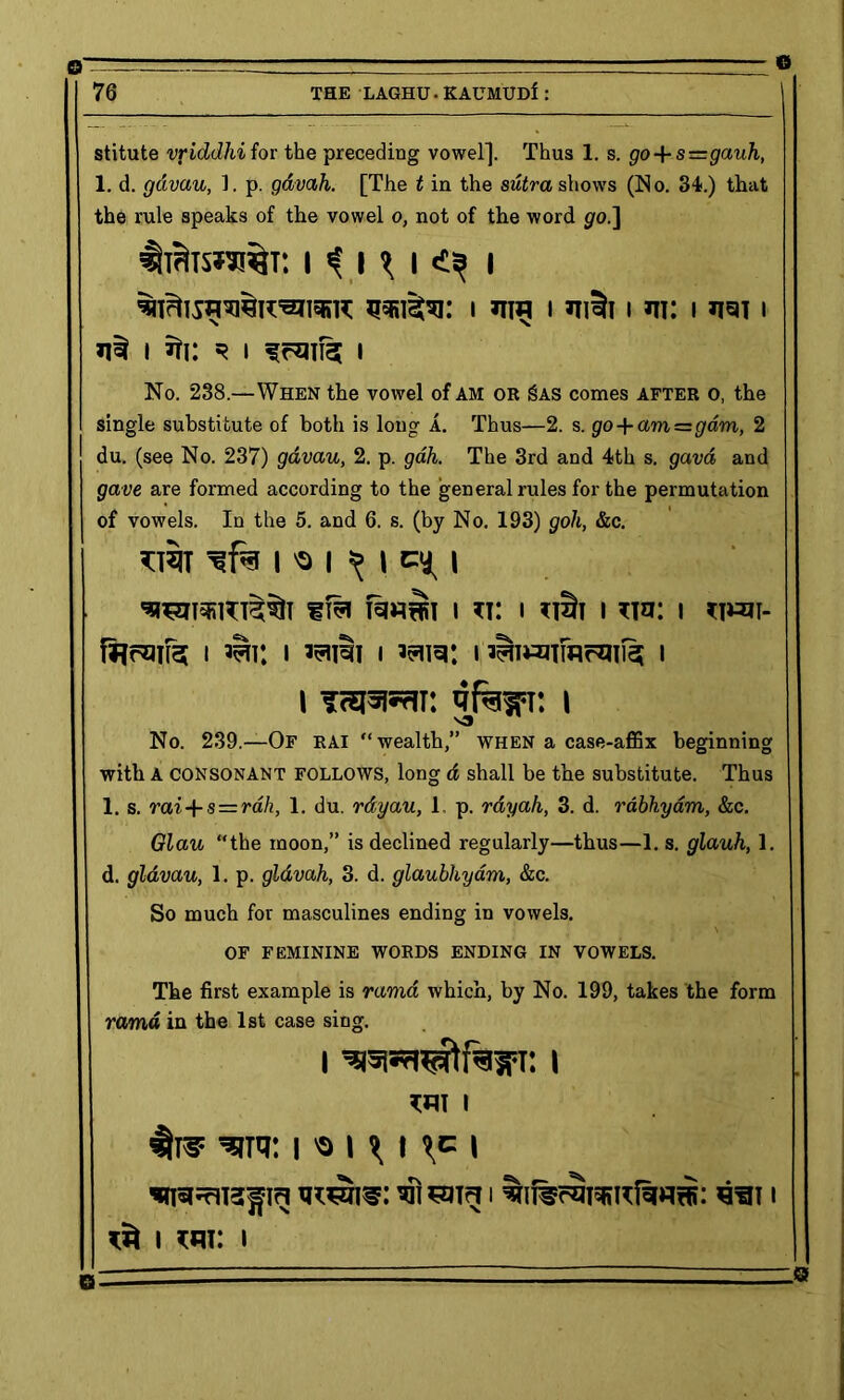 n—- - 1 1 C 76 THE LAGHU-KAUMUdI: | stitute vriddhi for the preceding vowel]. Thus 1. s. go + s—gauh, 1. d. gdvau, 1. p. gavah. [The t in the sutra shows (No. 34;.) that the rule speaks of the vowel o, not of the word <70.] 1 1 \ 1 ^ 1 i i iri^i1 m: i \ 1 »ti: 5? 1 1 No. 238.—When the vowel of am or 6as comes after o, the single substitute of both is long A. Thus—2. s. po + am=^dm, 2 du. (see No. 237) gdvau, 2. p. gah. The 3rd and 4th s. gavd and gave are formed according to the general rules for the permutation of vowels. In the 5. and 6. s. (by No. 193) goh, &c. trai 1« 1 ^ 1 eyt 1 TOranntSft ifa fiwwi 1 u: 1 1 un; 1 wi- I W. I laiii l 3?nq: 13^I«urflrQTl^ I 1 vaisisfJi: vfcsr. 1 S3 No. 239.—Of rai “wealth,” when a case-affix beginning with A consonant follows, long d shall be the substitute. Thus 1. s. rai+ s = rd/«, 1. du. rdyau, 1. p. rdyah, 3. d. rabhyam, &c. Glau “the inoon,” is declined regularly—thus—1. s. glauh, 1. d. glavau, 1. p. glavah, 3. d. glaubhyam, &c. So much for masculines ending in vowels. OF FEMININE WORDS ENDING IN VOWELS. The first example is rwmd which, by No. 199, takes the form ramd in the 1st case sing. 1 l vm 1 sire 1 'o 1 ^ i i 1 m: 1