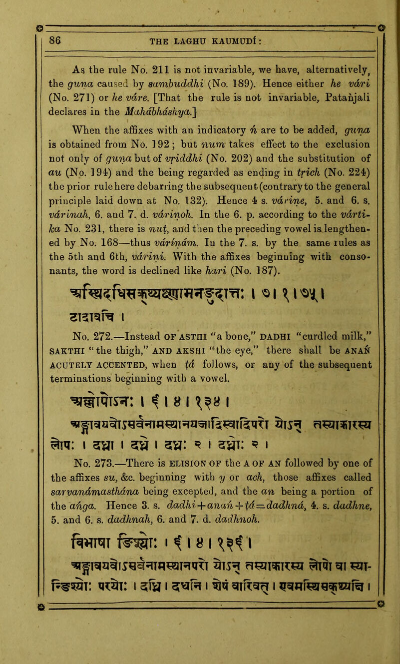 86 THE LAGHU KAUMUDf : As the rule No. 211 is not invariable, we have, alternatively, the guna caused by aambuddhi (No. 189). Hence either he vari (No. 271) or he vdre. [That the rule is not invariable, Patanjali declares in the Mahabhashya.} When the affixes with an indicatory n are to be added, guna is obtained from No. 192 ; but num takes effect to the exclusion not only of guna but of vriddhi (No. 202) and the substitution of au (No. 194) and the being regarded as ending in trich (No. 224) the prior rulehere debarring the subsequent (contrary to the general principle laid down at No. 132). Hence 4 s. vdrine, 5. and 6. s. vdrinah, 6. and 7. d. vavinoh. In the 6. p. according to the varti- ka No. 231, there is nut, and then the preceding vowel is lengthen- ed by No. 168—thus varinam. Iu the 7. s. by the same rules as the 5th and 6th, varini. With the affixes beginning with conso- nants, the word is declined like hari (No. 187). SHiqfg l No. 272.—Instead OF asthi “a bone,” dadhi “curdled milk,” SAKTHI “ the thigh,” AND AKSHI “the eye,” there shall be AN AFT acutely accented, when ta follows, or any of the subsequent terminations beginning with a vowel. i i i 8 i i i sat i 38 i 58: ** i 38t: * i No. 273.—There is elision of the A of an followed by one of the affixes su, &c. beginning with y or ach, those affixes called sarvanamasthdna being excepted, and the an being a portion of the ahga. Hence 3. s. dadhi+anah + td=.dadhndt 4. s. dadhne, 5. and 6. s. dadhnah, 6. and 7. d. dadhnoh. fawrai fear, i s 181 i ell SZJT- h^t: v$n: 131813^w • 1 1 .0