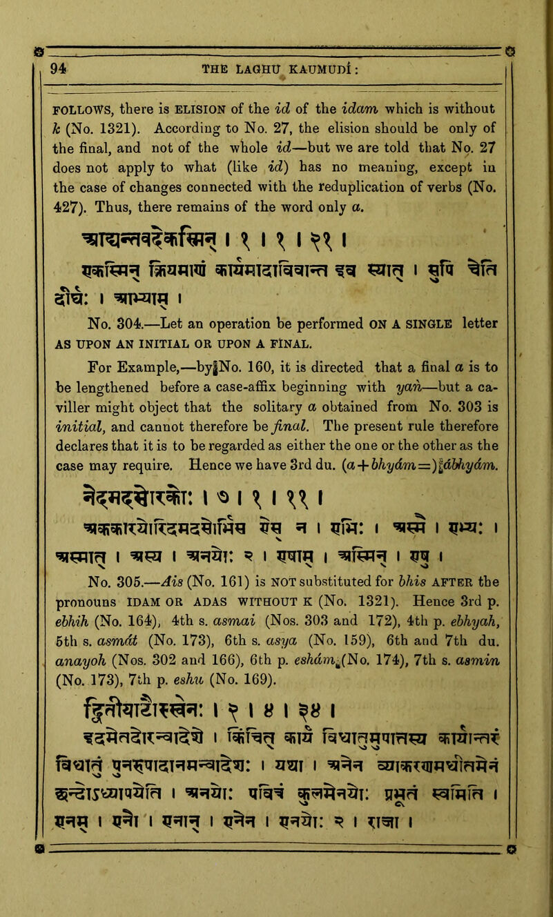 FOLLOWS, there is elision of the id of the idam which is without k (No. 1321). According to No. 27, the elision should be only of the final, and not of the whole id—but we are told that No. 27 does not apply to what (like id) has no meaning, except in the case of changes connected with the reduplication of verbs (No. 427). Thus, there remains of the word only a. \ \ \ \ \ S>\\ srei: i i No. 304.—Let an operation be performed ON A SINGLE letter AS UPON AN INITIAL OR UPON A FINAL. For Example,—by|No. 160, it is directed that a final a is to be lengthened before a case-affix beginning with yan—but a ca- viller might object that the solitary a obtained from No. 303 is initial, and cannot therefore be final. The present rule therefore declares that it is to be regarded as either the one or the other as the case may require. Hence we have 3rd du. (a + bhydm=:)ldbhydm. i «it i \\ i ^ i sfa: i i nm: i V 'sisnirr i mm i ^rst: * i i mimm i i N. ^ ^ si No. 306.—Ais (No. 161) is NOT substituted for bhis after the pronouns IDAM OR ADAS WITHOUT K (No. 1321). Hence 3rd p. ebhih (No. 164), 4th s. asmai (Nos. 303 and 172), 4th p. ebhyah, 6th s. asmdt (No. 173), 6th s. asya (No. 159), 6th and 7th du. anayoh (Nos. 302 and 166), 6th p. es&dm^No. 174), 7th s. asmin (No. 173), 7th p. eshu (No. 169). fphntre^Fi: i * i y i ?« i Tiisjm i sett i i *rbi: niM jwci i C\ I 1 I I I I a