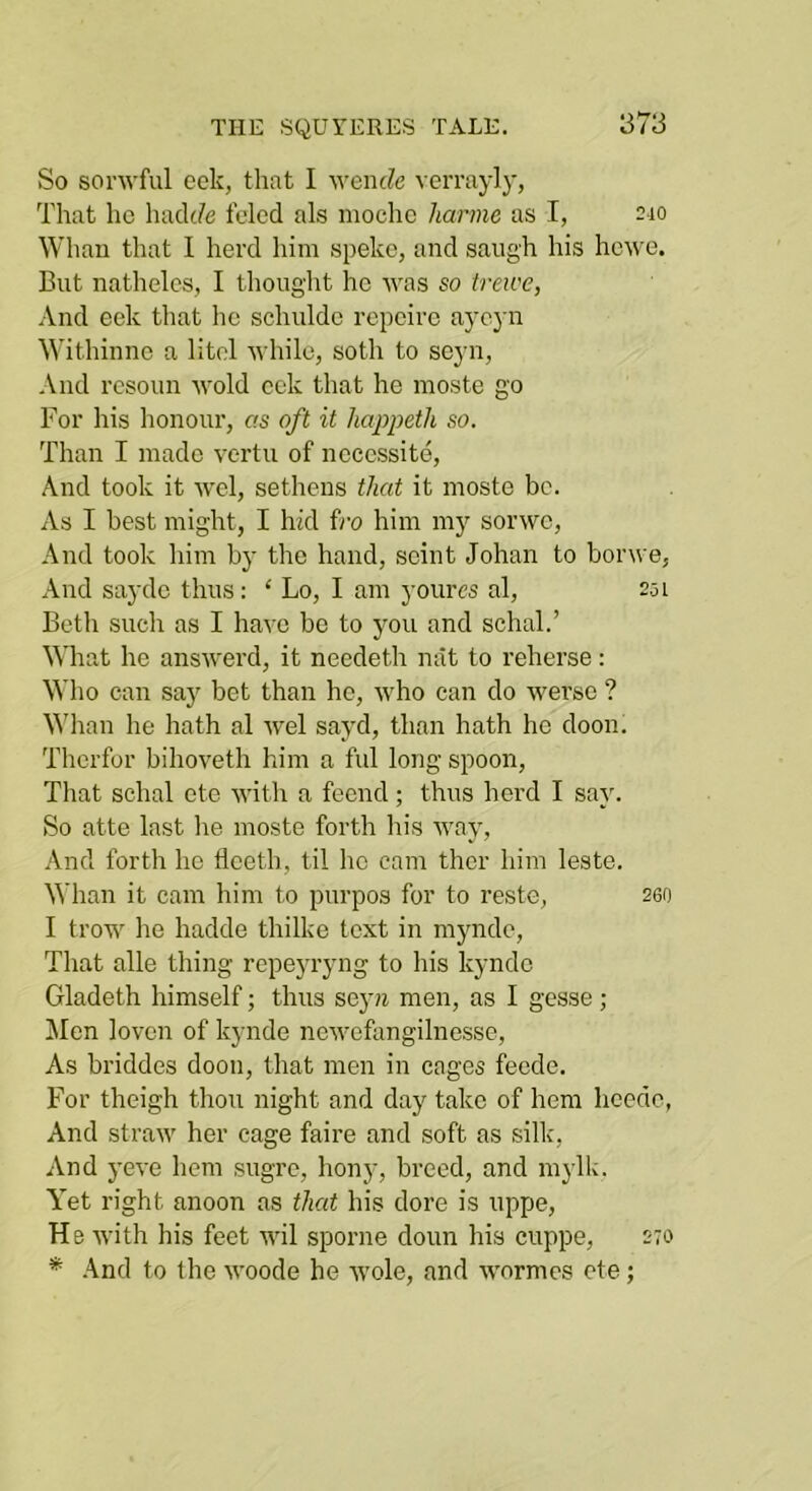 So sorwful eek, that I T'enJe verrayly, That he had(7e folcd als mochc hanne as I, ;io Whan that I herd him speke, and saiigh his hewe. But natheles, I thought he was so trewe, And eek that he schulde repeire aycyn Withinne a litol while, soth to seyn, And rcsoun wold eek that he inoste go For his honour, as oft it liappeth so. Than I made vertu of neccssite, And took it wel, sethens that it inoste be. As I best might, I hid f/‘o him my sorwe. And took him by the hand, seint Johan to borwe. And sayde thus: ‘ Lo, I am youres al, 251 Beth such as I have bo to you and schal.’ What he answerd, it needeth nat to reherse: \Mio can say bet than he, who can do werse ? Whan he hath al wel sayd, than hath he doon. Therfor bihoveth him a ful long spoon. That schal ete with a feend; thus herd I sa}'. So atte last he inoste forth his way. And forth he Hceth, til ho cam ther him leste. Whan it cam him to purpos for to reste, 260 I trow he hadde thilke text in mynde. That alle thing repeyryng to his kynde Gladeth himself; thus sey?i men, as I gesse ; Jlen loven of kynde nowefangilnesse. As briddes doon, that men in cages feede. For theigh thou night and day take of hem hcede, And straw her cage faire and soft as silk, And yeve hem sugre, hony, breed, and inylk. Yet right anoon as that his dore is uppe, He with his feet wil sporne doun his cuppe, 270 * .\nd to the woode he wole, and wormes ete;