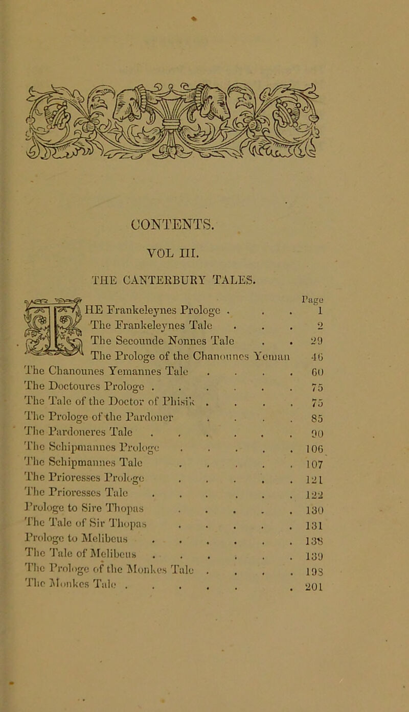 CONTENTS. VOL III. THE CANTERBURY TALES. , HE Erankeleynes Prologc . The Erankeleynes Tale The Secotmde Nonnes Tale The Prologe of the Chanouncs Yetuan The Chanounes Yemannes Tale The Doctourc-s Prologe . The Tale of the Doctor of Pliisik The Prologe of the Pardoner The Pardoneres Tale The Schipmanncs Prologe The Scliipmannes Tale The Prioresses Prologe The Prioresses Talc Prologe to Sire Thopas The Talc of Sir Tliopas Prologc to Melibeus The Tale of Melibeus The Prologe of the Monkes Tale The Monkcs Tale . Page 1 2 29 •10 60 75 75 85 90 106 107 121 122 180 131 138 189 193 201