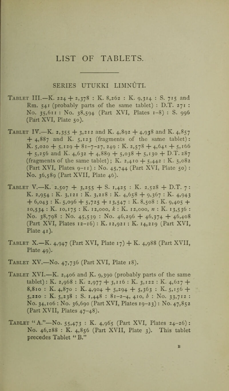 LIST OF TABLETS. SERIES UTUKKI LIMNUTI. Tablet III.—K. 224 + 2,378 : K. 8,262 : K. 9,314 : S. 715 and Rm. 541 (probably parts of the same tablet) : D.T. 271 : No. 35,611 : No. 38,594 (Part XVI, Plates 1-8) : S. 996 (Part XVI, Plate 50). Tablet IV.—K. 2,355 + 3,212 and K. 4,892 + 4,938 and K. 4,857 + 4,887 and K. 5,123 (fragments of the same tablet): K. 5,020 + 5,129 + 81-7-27, 249 : K. 2,578 + 4,641 + 5,166 + 5,256 and K. 4,632 + 4,889 + 5,038 + 5,130 + D.T. 287 (fragments of the same tablet); K. 2,410 + 5,442 : K. 5,082 (Part XVI, Plates 9-11) : No. 45,744 (Part XVI, Plate 50) : No. 36,589 (Part XVII, Plate 46). Tablet V.—K. 2,507 + 3,255 + S. 1,425 : K. 2,528 + D.T. 7: IC. 2,954 : K. 3,121 : K. 3,218 : K. 4,658 + 9,367 : K. 4,943 + 6,043 : K- 5>°96 + 5>725 + 13>54-7 : K- 8>5°8 : K. 9,405 + 10,534 : K. 10,175 : K. 12,000, k : K. 12,000, n : K. 13,536 : No. 38,798 : No. 45,539 : No. 46,296 + 46,374 + 46,408 (Part XVI, Plates 12-16) : K. 12,921 : K. 14,219 (Part XVI, Plate 41). Tablet X.—K. 4,947 (Part XVI, Plate 17) + K. 4,988 (Part XVII, Plate 49). Tablet XV.—No. 47,736 (Part XVI, Plate 18). Tablet XVI.—K. 2,406 and K. 9,390 (probably parts of the same tablet) : K. 2,968 : K. 2,977 T 3,116 : K. 3,122 : K. 4,627 + 8,810 : K. 4,870 : K. 4,904 + 5,294 + 5,363 : K. 5,156 + 5,220 : K. 5,238 : S. 1,448 : 81-2-4, 410, b : No. 33,712 : No. 34,106 : No. 36,690 (Part XVI, Plates 19-23): No. 47,852 (Part XVII, Plates 47-48). Tablet “A.”—No. 55,473 : K. 4,965 (Part XVI, Plates 24-26): No. 46,288 : K. 4,856 (Part XVII, Plate 3). This tablet precedes Tablet “ B.”