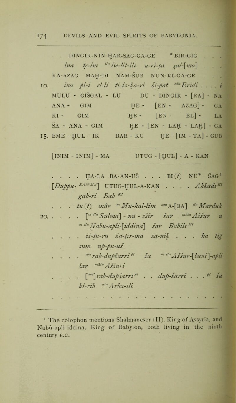 . . DINGIR-NIN-HAR-SAG-GA-GE * BIR-GIG . . . ina te-im iln Be-li KA-AZAG MAH-DI NA 10. ina pi-i el-li ti-i MULU - GISGAL - LU ANA - GIM KI - GIM SA - ANA - GIM 15. EME - HUL - IK BA: t-ili u-ri-sa sal-[ina\ M-SUB NUN-KI-GA-GE -ka-ri si-pat a‘Eridi . . . . i DU - DINGIR - [RA] - NA HE - [EN - azag]- GA HE - [EN - EL]- LA HE - [EN - LAH - LAH] - GA . - KU HE - [IM - TA] - - GUB [iNIM - INIM] - MA UTUG - [HUL] - A - KAN .... HA-LA BA-AN-US . . . BI (?) NU* SAG1 [Duppu- KAM'MA] UTUG-HUL-A-KAN .... AkkadlKI gab-ri Bab KI . . . tu (?) mar m Mu-kal-lim amA-[BA] ilu Marduk 20 \miltlSulma\ - nu - esir sar matu Assur u m llu Nabu-apli-\iddina\ sar Babili KI . . . . is-tu-ru sa-tir-ma sa-nik . ka tig sum up-pu-us . . . . amrab-dupsarripl sa m ihlAssur-\bani\apli sar m5tu Assur i . . . . [am] rab-dupsarripl . . dup-sarri . . . pl sa ki-rib alu Arba-ili 1 The colophon mentions Shalmaneser (II), King of Assyria, and Nabu-apli-iddina, King of Babylon, both living in the ninth century B.c.