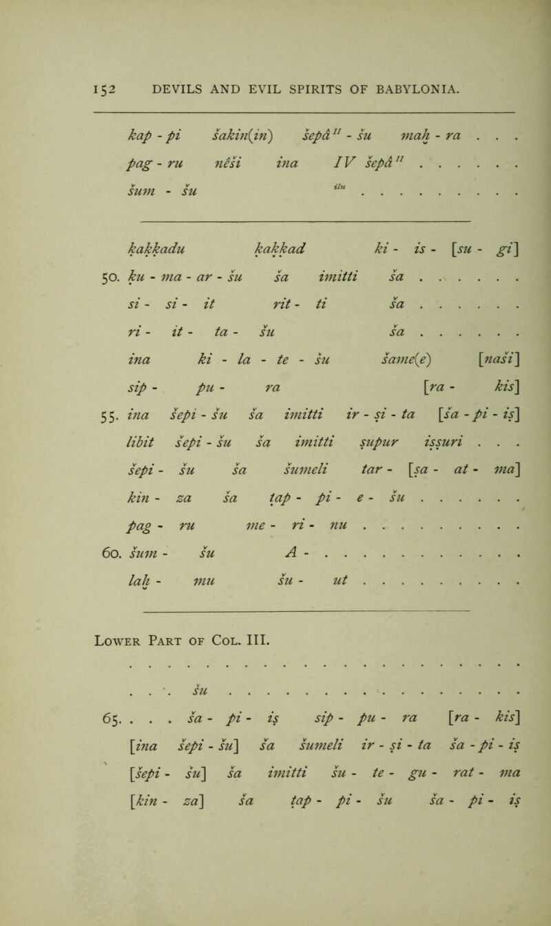 3 kap - pi sakin{in) sepd^^ - su mah - ra . . . pag sum - ru nisi - su ina IV Si ilu pd . . kakkadu kakkad ki - is - [su - gi] ku - ma - ar - su V sa imitti sa . . si - si - it rit - ti sa . . ri - it - ta - y su sa . . ina ki - la - te - su sameie) [nasi] sip - pu - ra [ra kis] 55. ina sepi - su sa imitti ir - si - ta [sa - pi - is\ libit sepi - su sa imitti supur issuri . . . hpi - su sa sumeli tar - [sa - at - ma] kin - za sa tap - pi - e - su pag - ru me - ri - 7iu 60. sum - su A - lah - mu su - ut Lower Part of Col. III. . . '. su 65. . . . sa - pi - is sip - pu - ra [ra - kis'\ [hia sepi - su^ sa sumeli ir - si - ta sa - pi - is [sepi - su'\ sa imitti su - te - gu - rat - ma [kin - za] sa tap - pi - su sa - pi - is