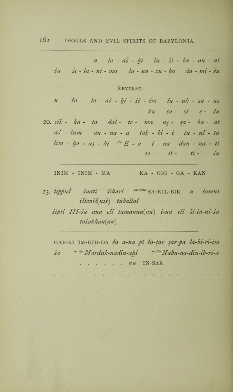 u la - as - hi hi - h - ba ~ an - 7ii sa h - in - ni - ma In - un - zu - ka da - ini - hi Reverse. u sa la - as - hi - si - im III - Ilk - su - us kii - sa - si - e - hi sik - ka - ta dal - ie - ma as - sa - ba - at Y as - him an - na - a tak - bi - i tu - ul • ■ tu Urn - ha - as - ki E - a i - na dan - na - ti ri - it ti - hi INIM - INIM - MA KA - GIG - GA - KAN 25. tippus hiati sikari SA-KIL-BIR u samni istenis{iiis) tuballal sipti III-su ana eli tamanmi{iui) i-na eli si-in-ni-hi tasakkanian') GAB-RI IM-GID-DA sa a-iia pi sa-tar sar-pa la-bi-ri-im hi Marduk-nadin-ahi Nabu-na-din-ib-ri-a nil IN-SAR