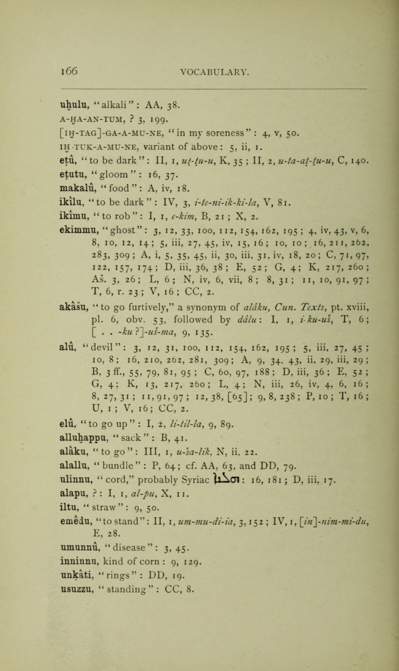 uhulu, “alkali”: AA, 38. A-HA-AN-TUM, ? 3, 199. [ih-tag]-ga-a-mu-xe, “in my soreness” : 4, v, 50. IH-TUK-A-MU-NE, variant of above: 5, ii, i. etu, “to be dark” : II, i, ut-tu-u, K, 35 ; II, 2, u-ta-at-tu-u^ C, 140. etutu, “ gloom ” : 16,37. makalu, “food”: A, iv, 18. ikilu, “to be dark” : IV, 3, i-te-ni-ik-ki-la^ V, 81. ikimu, “ to rob” : I, i, e-kwi, B, 21 ; X, 2. ekimnm, “ghost” : 3, 12, 33, 100, 112, 154, 162, 195 ; 4, iv, 43, v, 6, 8, 10, 12, 14 ; 5, iii, 27, 45, iv, 15, 16 ; 10, 10 ; 16, 211, 262, 283, 309 ; A, i, 5, 35, 45, ii, 30, iii, 31, iv, 18, 20 ; C, 71, 97, 122, 157, 174; D, iii, 36, 38; E, 52; G, 4; K, 217, 260; As. 3, 26 ; L, 6 ; N, iv, 6, vii, 8 ; 8, 31 ; 11, 10, 91, 97 ; T, 6, r. 23 ; V, 16 ; CC, 2. akasu, “to go furtively,” a synonym of aldku, Cun. Texts, pt. xviii, pi. 6, obv. 53, followed by ddlu\ I, i, i-ku-us, T, 6; [ . . -ku}~\-us-ma, 9, 135. alu, “devil”: 3, 12, 31, 100, 112, 154, 162, 195; 5, iii, 27, 45; 10, 8; 16, 210, 262, 281, 309; A, 9, 34, 43, ii, 29, iii, 29; 3 55» 79» 81, 95 ; C, 60, 97, 188 ; D, iii, 36 ; E, 52 ; G, 4; K, 13, 217, 260; L, 4; N, iii, 26, iv, 4, 6, 16; 8, 27, 31 ; II, 91, 97 ; 12, 38, [65] ; 9, 8, 238 ; P, 10 ; T, 16 ; U, I ; V, 16; CC, 2. elu, “to go up” : I, 2, li-til-la, 9, 89. alluhappu, “sack” : B, 41. alaku, “to go”: III, i, u-sa-lik, N, ii, 22. alallu, “ bundle” : P, 64; cf. AA, 63, and DD, 79. ulinnu, “ cord,” probably Syriac : 16, 181 ; D, iii, 17. alapu, } : I, i, al-pu, X, ii. iitu, “ straw ” : 9, 50. emedu, “tostand”: II, i, um-rnu-di-ia, 3,152 ; IV, i, \in\71im-mi-du, E, 28. umunnu, “disease”: 3, 45. inninnu, kind of corn : 9, 129. unkati, “rings”: DD, 19. usuzzu, “ standing” : CC, 8.