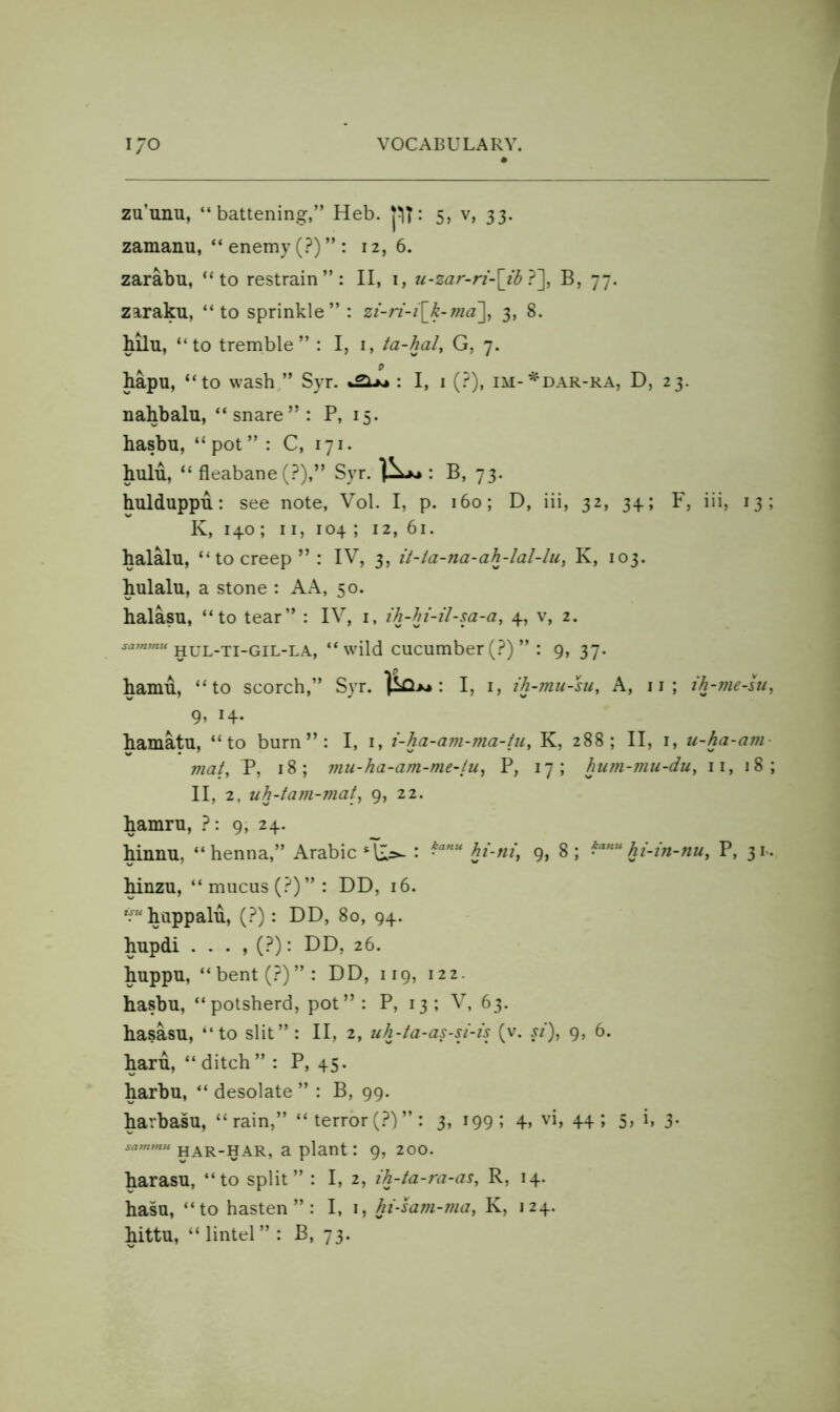 zu’unu, “battening,” Heb. pi: 5, v, 33. zamanu, “ enemy (.?)” : 12,6. zarabu, “to restrain”: II, 1, ii-zar-ri-\_ih}\ B, 77. zaraku, “to sprinkle” : zi-ri-i\k-ma\^ 3, 8. hilu, “to tremble” : I, 1, ta-hal, G, 7. hapu, “to wash,” Syr. : I, i (.?), im-'^dar-ra, D, 23. nahbalu, “snare”: P, 15. hasbu, “ pot ” : C, 171. bulu, “ fleabane (?),” Syr. B, 73- hulduppu: see note, Vol. I, p. i6o; D, iii, 32, 34; F, iii, 13; K, 140; 11, 104 ; 12, 61. halalu, “ to creep ” : IV, 3, it-ia-na-ah-lal-lu, K, 103. hulalu, a stone : A A, 50. halasu, “to tear” : IV, i, ih-hi-il-sa-a, 4, v, 2. hul-ti-gil-la, “wild cucumber (?)” : 9, 37. hamu, “to scorch,” Syr. x»: I, I, ih-niu-su, A, 11 ; ih-me-lu^ 9, 14. hamatu, “to burn”: I, i, i-ha-am-ma-tu^ K, 288; II, i, u-ha-am mat, P, 18; mu-ha-am-me-tu, P, 17; hum-mu-du, ii, 18; II, 2, uh-tam-mat, 9, 22. hamru, 9, 24. hinnu, “henna,” Arabichi-ni, 9, 8; hi-m-fiu, P, 31.. hinzu, “ mucus (?)”: DD, 16. ‘^“happalu, (?): DD, 80, 94. hupdi . . . , : DD, 26. huppu, “bent (.?)”: DD, 119, 122. hasbu, “potsherd, pot”: P, 13; V, 63. hasasu, “to slit”: II, 2, uh-ta-as-si-is (v. .9/), 9, 6. haru, “ ditch ” : P, 45. harbu, “ desolate ” : B, 99. harbasu, “rain,” “terror(.?)”: 3, i99*. 4> vi, 44; 5, i, 3- har-har, a plant: 9, 200. harasu, “to split” : I, 2, ih-ta-ra-as, R, 14. hasu, “to hasten”: I, i, hi-sam-ma, K, 124. hittu, “ lintel ” : B, 73.