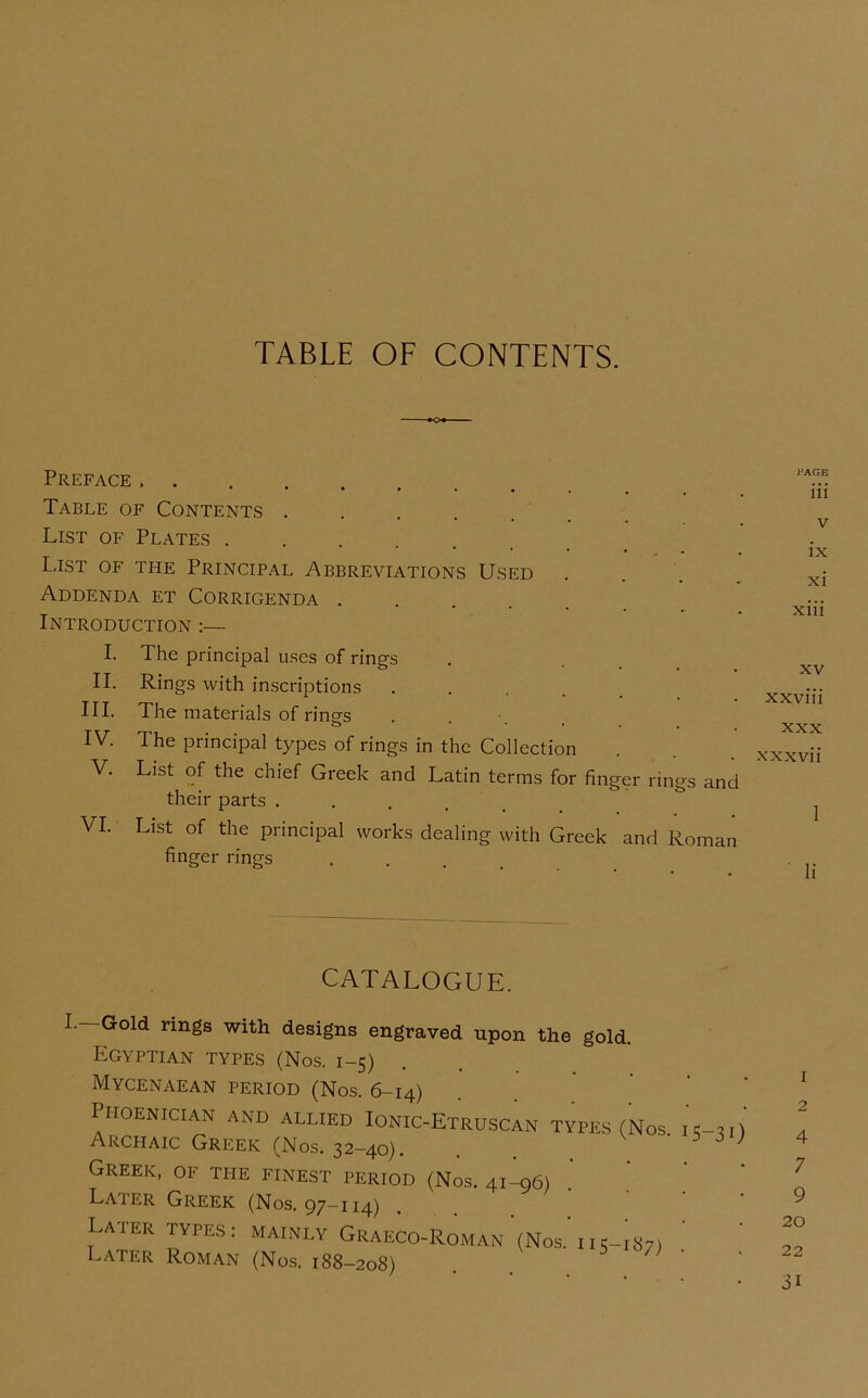 TABLE OF CONTENTS. O Preface Table of Contents ..... List of Plates ...... List of the Principal Abbreviations Used Addenda et Corrigenda .... Introduction :— PAGE iii V ix xi xiii I. II. III. IV. V. VI. The principal u.ses of rings Rings with inscriptions • . . . . The materials of ring-s The principal types of rings in the Collection List of the chief Greek and Latin terms for finger rings and their parts ..... List of the principal works dealing with Greek and Roman finger rings • . . . XV xxviii XXX xxxvii 1 li CATALOGUE. I.-Gold rings with designs engraved upon the gold. Egyptian types (Nos. 1-5) Mycenaean period (Nos. 6-14) Phoenician and allied Ionic-Etruscan types (Nos. ic-,n Arcpiaic Greek (Nos. 32-40). , ' Greek, of the finest period (Nos. 41-96) Later Greek (Nos. 97-114) Later types; mainly Graeco-Roman (Nos. 115-187) Later Roman (Nos. 188—208) 1 2 4 7 9 20 22 31