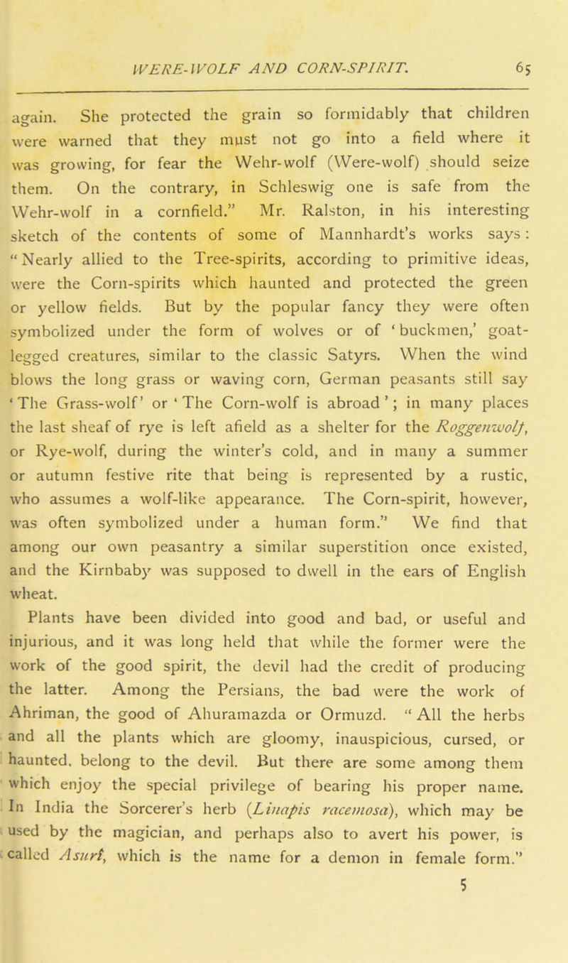 ao-ain. She protected the grain so formidably that children were warned that they must not go into a field where it was growing, for fear the Wehr-wolf (Were-wolf) should seize them. On the contrary, in Schleswig one is safe from the Wehr-wolf in a cornfield.” Mr. Ralston, in his interesting sketch of the contents of some of Mannhardt’s works says; “Nearly allied to the Tree-spirits, according to primitive ideas, were the Corn-spirits which haunted and protected the green or yellow fields. But by the popular fancy they were often symbolized under the form of wolves or of ‘ buckmen,’ goat- legged creatures, similar to the classic Satyrs. When the wind blows the long grass or waving corn, German peasants still say ‘The Grass-wolf’ or ‘ The Corn-wolf is abroad’; in many places the last sheaf of rye is left afield as a shelter for the Roggenwolf, or Rye-wolf, during the winter’s cold, and in many a summer or autumn festive rite that being is represented by a rustic, who assumes a wolf-like appearance. The Corn-spirit, however, was often symbolized under a human form.” We find that among our own peasantry a similar superstition once existed, and the Kirnbaby was supposed to dwell in the ears of English wheat. Plants have been divided into good and bad, or useful and injurious, and it was long held that while the former were the work of the good spirit, the devil had the credit of producing the latter. Among the Persians, the bad were the work of Ahriman, the good of Ahuramazda or Ormuzd. “ All the herbs and all the plants which are gloomy, inauspicious, cursed, or haunted, belong to the devil. But there are some among them which enjoy the special privilege of bearing his proper name. In India the Sorcerer’s herb {Linapis racemosa), which may be used by the magician, and perhaps also to avert his power, is called Asurt, which is the name for a demon in female form.” 5