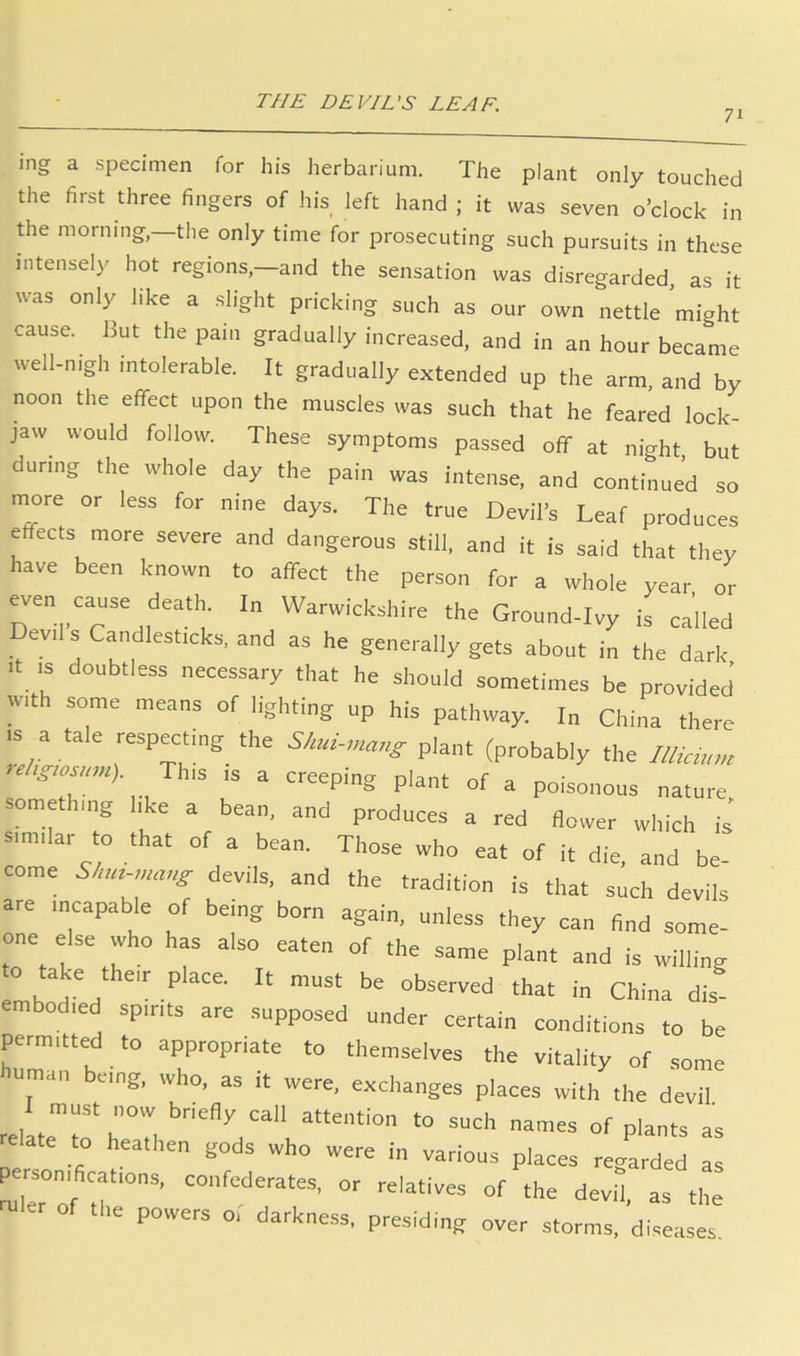 THE DEVIL'S LEAF. 71 ing a specimen for his herbarium. The plant only touched the first three fingers of his left hand ; it was seven o’clock in tile morning,—the only time for prosecuting such pursuits in these intensely hot regions,—and the sensation was disregarded, as it was only like a slight pricking such as our own nettle might cause. But the pain gradually increased, and in an hour became well-nigh intolerable. It gradually extended up the arm, and by noon the effect upon the muscles was such that he feared lock- jaw would follow. These symptoms passed off at night, but during the whole day the pain was intense, and continued so more or less for nine days. The true Devil’s Leaf produces effects more severe and dangerous still, and it is said that they have been known to affect the person for a whole year or even cause death. In Warwickshire the Ground-Ivy is called Devils Candlesticks, and as he generally gets about in the dark It IS doubtless necessary that he should sometimes be provided with some means of lighting up his pathway. In China there IS a tale respecting the Slmi-mang plant (probably the Illicmm rehg,osv„.). This is a creeping plant of a poisonous nature something like a bean, and produces a red flower which is’ similar to that of a bean. Those who eat of it die, and be- come Sl„a-ma«g devils, and the tradition is that such devils are incapable of being born again, unless they can And some- one else who has also eaten of the same plant and is willing to take the,r place. It must be observed that in China dis embodied spirits are supposed under certain conditions to be permitted to appropriate to themselves the vitality of some human being, who, as it were, exchanges places with the devil relLe’to fT, “> =uch names of plants as elate to heathen gods who were in various places regarded as ruIeTof tl°'’ “f *<= devil, as the of the powers o. darkness, presiding over storms, diseases
