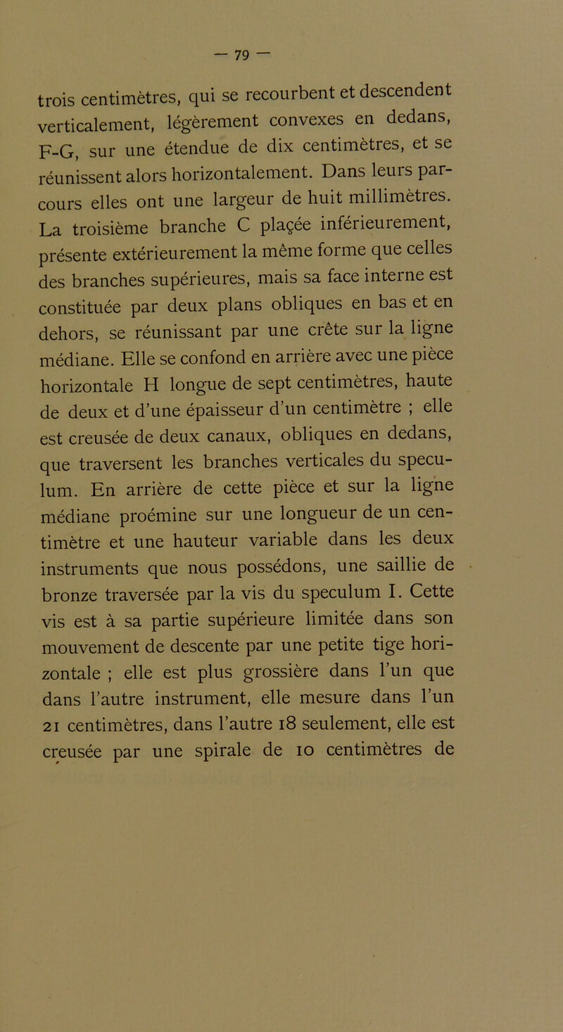 trois centimètres, qui se recourbent et descendent verticalement, légèrement convexes en dedans, F-G, sur une étendue de dix centimètres, et se réunissent alors horizontalement. Dans leurs par- cours elles ont une largeur de huit millimètres. La troisième branche C plaçée inférieurement, présente extérieurement la même forme que celles des branches supérieures, mais sa face inteine est constituée par deux plans obliques en bas et en dehors, se réunissant par une crête sur la ligne médiane. Elle se confond en arrière avec une pièce horizontale H longue de sept centimètres, haute de deux et d’une épaisseur d un centimètre ; elle est creusée de deux canaux, obliques en dedans, que traversent les branches verticales du spécu- lum. En arrière de cette pièce et sur la ligne médiane proémine sur une longueur de un cen- timètre et une hauteur variable dans les deux instruments que nous possédons, une saillie de bronze traversée par la vis du spéculum I. Cette vis est à sa partie supérieure limitée dans son mouvement de descente par une petite tige hori- zontale ; elle est plus grossière dans l’un que dans l’autre instrument, elle mesure dans l’un 21 centimètres, dans l’autre 18 seulement, elle est creusée par une spirale de io centimètres de