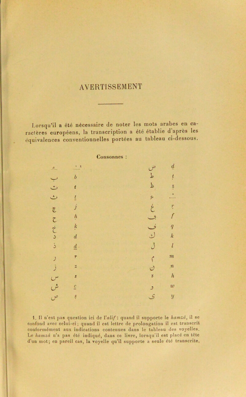 AVERTISSEMENT Lorsqu’il a été nécessaire de noter les mots arabes en ca- ractères européens, la transcription a été établie d après les équivalences conventionnelles portées au tableau ci-dessous. Consonnes : 4 Z t • ^ f J k J I a h J u; 3 y 1. H n’est pas question ici de Valif: quand il supporte le hamzd, il se confond avec celui-ci; quand il est lettre de prolongation il est transcrit conformément aux indications contenues dans le tableau des voyelles. Le kainzà n’a pas été indiqué, dans ce livre, lorsqu’il est placé en tête d’un mot; en pareil cas, la voyelle qu’il supporte a seule été transcrite.