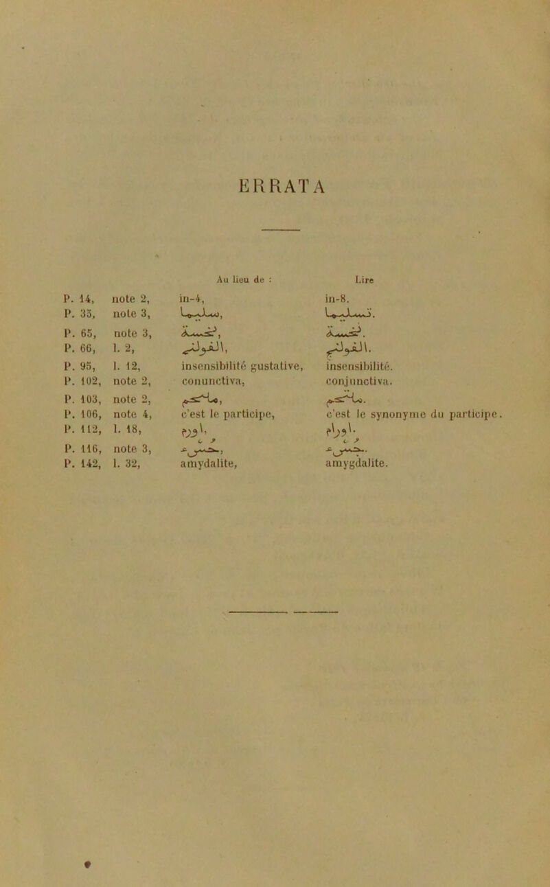 ERRATA Au lieu du : Lire P. 14, note 2, in-4. in-8. P. 3 noie 3, P. 65, note 3, P. 66, 1. 2, P. 95, 1. 12, insensibilité gustative. insensibilité. P. 102, note 2, conunctiva. conjiinctiva. P. 103, note 2, -4, P. 106, note 4, c’est le particii>e. c’est le synonyme du participe P. 112, 1. 18, t. ^ fb?'- c ^ P. 116, note 3,