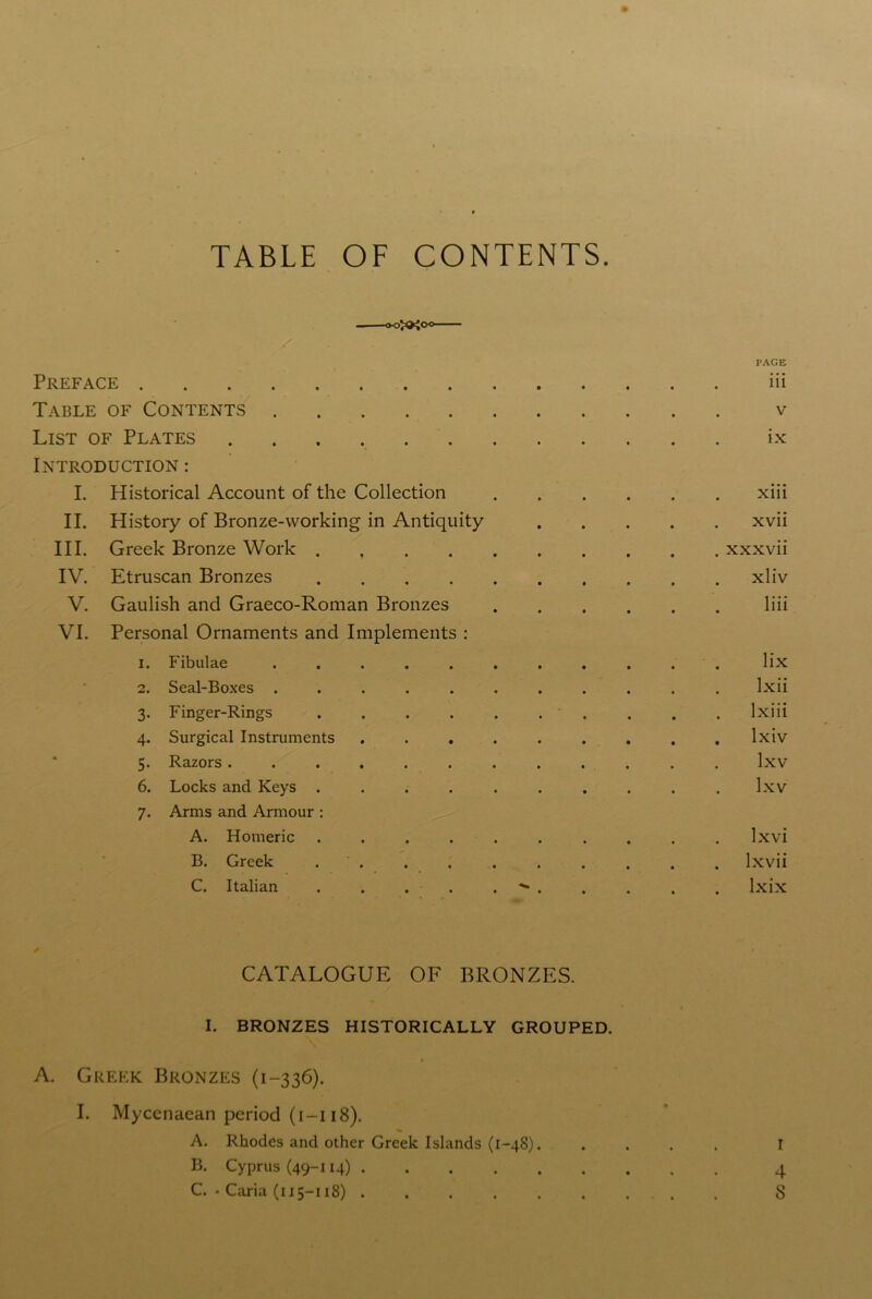 TABLE OF CONTENTS. , ■ ■ / PAGE Preface iii Table of Contents v List of Plates ix Introduction : I. Historical Account of the Collection xiii II. History of Bronze-working in Antiquity xvii III. Greek Bronze Work xxxvii IV. Etruscan Bronzes xliv V. Gaulish and Graeco-Roman Bronzes liii VI. Personal Ornaments and Implements : 1. Fibulae . . . . . . . . . . lix 2. Seal-Boxes ........... Ixii 3. Finger-Rings . . . . . . . . . . lxiii 4. Surgical Instruments . . . . . . . . . lxiv 5. Razors ............ lxv 6. Locks and Keys .......... lxv 7. Arms and Armour : A. Homeric .......... lxvi B. Greek . . . . . . . . . . Ixvii C. Italian ^ lxix ✓ CATALOGUE OF BRONZES. I. BRONZES HISTORICALLY GROUPED. A. Greek Bronzes (1-336). I. Mycenaean period (1-118). A. Rhodes and other Greek Islands (1-4S). .... I B. Cyprus (49-114) 4 C. • Caria (115-nS) 8