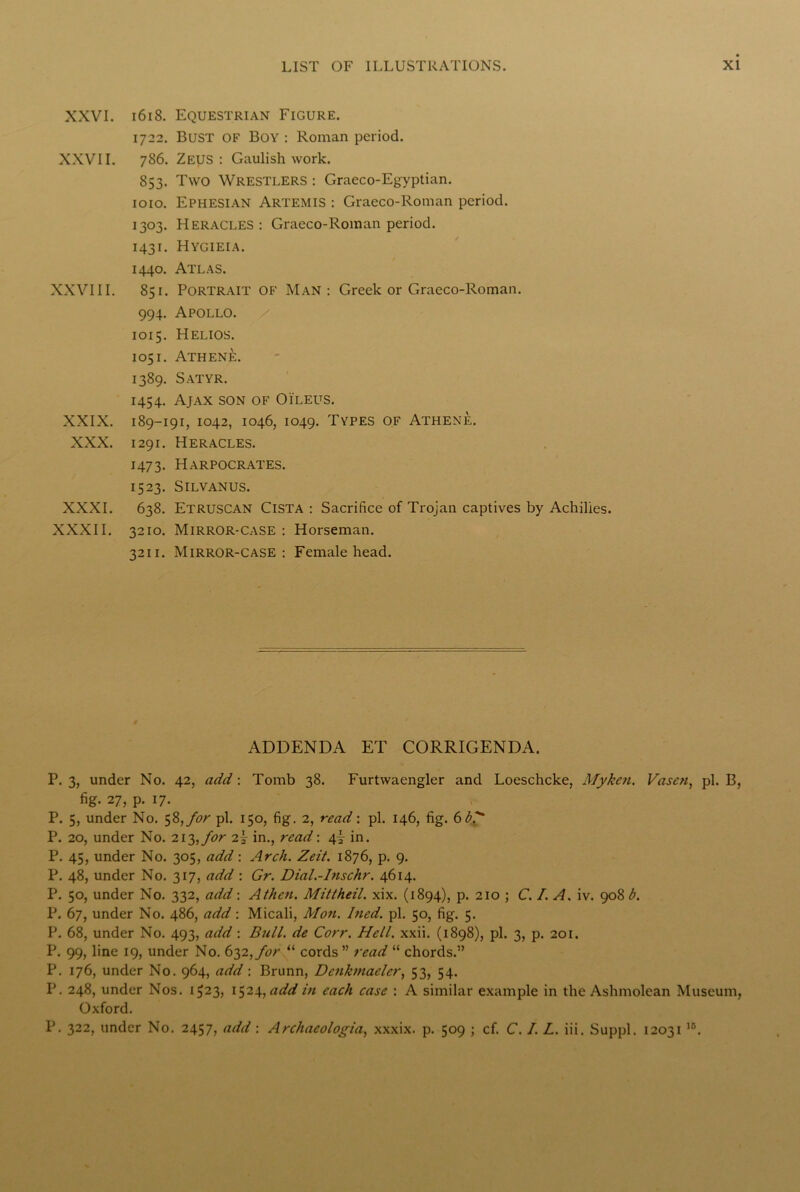 XXVI. XXVII. XXVIII. XXIX. XXX. XXXI. XXXII. 1618. Equestrian Figure. 1722. BUST OF Boy : Roman period. 786. ZEUS : Gaulish work. 853. Two Wrestlers : Graeco-Egyptian. 1010. Ephesian Artemis : Graeco-Roman period. 1303. Heracles: Graeco-Roman period. 1431. Hygieia. 1440. Atlas. 851. Portrait of Man: Greek or Graeco-Roman. 994. Apollo. 1015. Helios. 1051. Athene. 1389. Satyr. 1454. Ajax son of O'ileus. 189-191, 1042, 1046, 1049. Types of Athene. 1291. Heracles. 1473. Harpocrates. 1523. SlLVANUS. 638. Etruscan Cista : Sacrifice of Trojan captives by Achilles. 3210. Mirror-case : Horseman. 3211. Mirror-case: Female head. ADDENDA ET CORRIGENDA. P. 3, under No. 42, add: Tomb 38. Furtwaengler and Loeschcke, Myken. Vascn, pi. B, 27> p* 17* P. 5, under No. 58,for pi. 150, fig. 2, read: pi. 146, fig. 6 bl P. 20, under No. 213, for 2! in., read: 4! in. P. 45, under No. 305, add : Arch. Zeit. 1876, p. 9. P. 48, under No. 317, add : Gr. Dial.-Inschr. 4614. P. 50, under No. 332, add: A then. Mittheil. xix. (1894), p. 210 ; C. /. A. iv. 908 b. P. 67, under No. 486, add: Micali, Mon. Itied. pi. 50, fig. 5. P. 68, under No. 493, add : Bull, de Corr. Hell. xxii. (1898), pi. 3, p. 201. P. 99, line 19, under No. 632, for “ cords ” read “ chords.” P. 176, under No. 964, add: Brunn, Dcnkmacler, 53, 54. P. 248, under Nos. 1323, 1524,add in each case : A similar example in the Ashmolean Museum, Oxford. P. 322, under No. 2457, add: Archacologia, xxxix. p. 509 ; cf. C. I. L. iii. Suppl. 120311B.