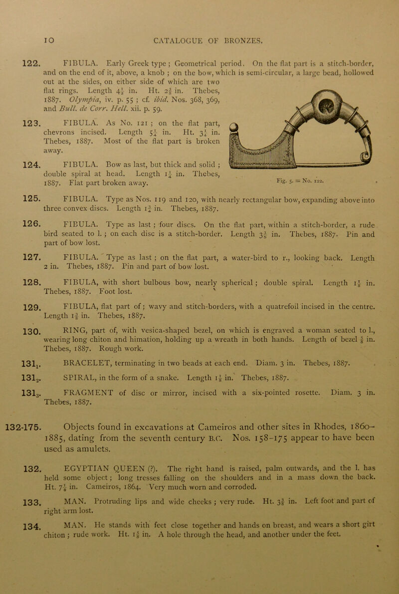 122. FIBULA. Early Greek type ; Geometrical period. On the flat part is a stitch-border, and on the end of it, above, a knob ; on the bow, which is semi-circular, a large bead, hollowed out at the sides, on either side of which are two flat rings. Length 4f in. lit. 2f in. Thebes, 1887. Olympia, iv. p. 55 ; cf. ibid. Nos. 368, 369, and Bull, dc Corr. Hell. xii. p. 59. 123. FIBULA. As No. 121 ; on the flat part, chevrons incised. Length 5} in. Ht. 3} in. Thebes, 1S87. Most of the flat part is broken away. 124. FIBULA. Bow as last, but thick and solid ; double spiral at head. Length if in. Thebes, 1887. Flat part broken away. Flg- 5- = N0,122, 125. FIBULA. Type as Nos. 119 and 120, with nearly rectangular bow, expanding above into three convex discs. Length if in. Thebes, 1887. 126. FIBULA. Type as last ; four discs. On the flat part, within a stitch-border, a rude bird seated to 1. ; on each disc is a stitch-border. Length 3f in. Thebes, 1887. Pin and part of bow lost. 127. FIBULA. Type as last ; on the flat part, a water-bird to i\, looking back. Length 2 in. Thebes, 1887. Pin and part of bow lost. 128. FIBULA, with short bulbous bow, nearly spherical ; double spiral. Length i| in. Thebes, 1887. Foot lost. 129. FIBULA, flat part of; wavy and stitch-borders, with a quatrefoil incised in the centre. Length if in. Thebes, 1887. 130. RING, part of, with vesica-shaped bezel, on which is engraved a woman seated to 1., wearing long chiton and himation, holding up a wreath in both hands. Length of bezel f in. Thebes, 1887. Rough work. 131x. BRACELET, terminating in twTo beads at each end. Diarn. 3 in. Thebes, 1887. 1312. SPIRAL, in the form of a snake. Length if in. Thebes, 1887. 1313. FRAGMENT of disc or mirror, incised with a six-pointed rosette. Diam. 3 in. Thebes, 1887. 132-175. Objects found in excavations at Cameiros and other sites in Rhodes, 1S60- 1885, dating from the seventh century B.c. Nos. 158-175 appear to have been used as amulets. 132. EGYPTIAN QUEEN (?). The right hand is raised, palm outwards, and the 1. has held some object; long tresses falling on the shoulders and in a mass down the back. Ht. 7f in. Cameiros, 1864. Very much worn and corroded. 133. MAN. Protruding lips and wide cheeks; very rude. Ht. 3! in. Left foot and part of right arm lost. f34> MAN. He stands with feet close together and hands on breast, and wears a short girt chiton ; rude work. Pit. if in. A hole through the head, and another under the feet.