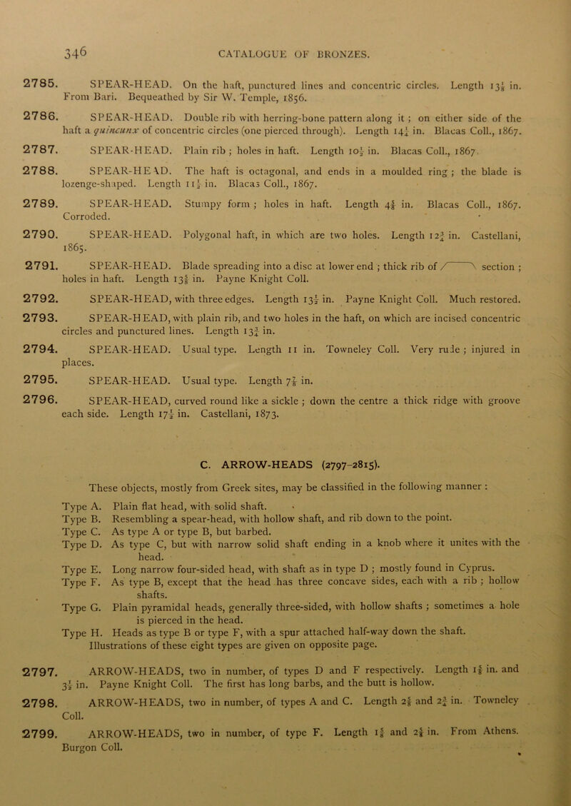 O 2785. SPEAR-HEAD. On the haft, punctured lines and concentric circles. Length 13^ in. From Bari. Bequeathed by Sir W. Temple, 1856. 2786. SPEAR-HEAD. Double rib with herring-bone pattern along it; on either side of the haft a quincunx of concentric circles (one pierced through). Length 144 in. Blacas Coll., 1867. 2787. SPEAR-HEAD. Plain rib ; holes in haft. Length 104 in. Blacas Coll., 1867. 2788. SPEAR-HEAD. The haft is octagonal, and ends in a moulded ring; the blade is lozenge-shaped. Length uf in. Blacas Coll., 1867. 2789. SPEAR-HEAD. Stumpy form; holes in haft. Length 4J- in. Blacas Coll., 1867. Corroded. 2790. SPEAR-HEAD. Polygonal haft, in which are two holes. Length 124 in. Castellani, 1865. 2791. SPEAR-HEAD. Blade spreading into a disc at lower end ; thick rib of / A section; holes in haft. Length 13I in. Payne Knight Coll. 2792. SPEAR-HEAD, with three edges. Length 134 in. Payne Knight Coll. Much restored. 2793. SPEAR-H EAD, with plain rib, and two holes in the haft, on which are incised concentric circles and punctured lines. Length 134 in. 2794. SPEAR-HEAD. Usual type. Length 11 in. Towneley Coll. Very rude; injured in places. 2795. SPEAR-HEAD. Usual type. Length 7^ in. 2796. SPEAR-HEAD, curved round like a sickle ; down the centre a thick ridge with groove each side. Length 174 in. Castellani, 1873. C. ARROW-HEADS (2797-2815). These objects, mostly from Greek sites, may be classified in the following manner : Type A. Plain flat head, with solid shaft. Type B. Resembling a spear-head, with hollow shaft, and rib down to the point. Type C. As type A or type B, but barbed. Type D. As type C, but with narrow solid shaft ending in a knob where it unites writh the head. Type E. Long narrow four-sided head, with shaft as in type D ; mostly found in Cyprus. Type F. As type B, except that the head has three concave sides, each with a rib ; hollow shafts. Type G. Plain pyramidal heads, generally three-sided, with hollow shafts ; sometimes a hole is pierced in the head. Type H. Heads as type B or type F, with a spur attached half-way down the shaft. Illustrations of these eight types are given on opposite page. 2797. ARROW-HEADS, two in number, of types D and F respectively. Length i| in. and 34 in. Payne Knight Coll. The first has long barbs, and the butt is hollow. 2798. ARROW-HEADS, two in number, of types A and C. Length 2f and 24 in. Towneley Coll. 2799. ARROW-HEADS, two in number, of type F. Length if and 2| in. From Athens. Burgon Coll.