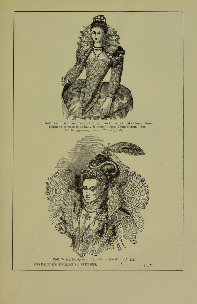 Spinster’s RiifiT and bare neck ; Farthingale (or Crinoline). Miss Anne Russell [formerly supposd to be Lady Hunsdon]; from Virtue’s print. See the Heliogravure, above. Pianchc, i. 187. Ruff Wings, &c. Queen Elizabeth. PlauM, L 246, 435, SHAICSPEUk’h ENGLAND; STUBBES. 1> j 2*