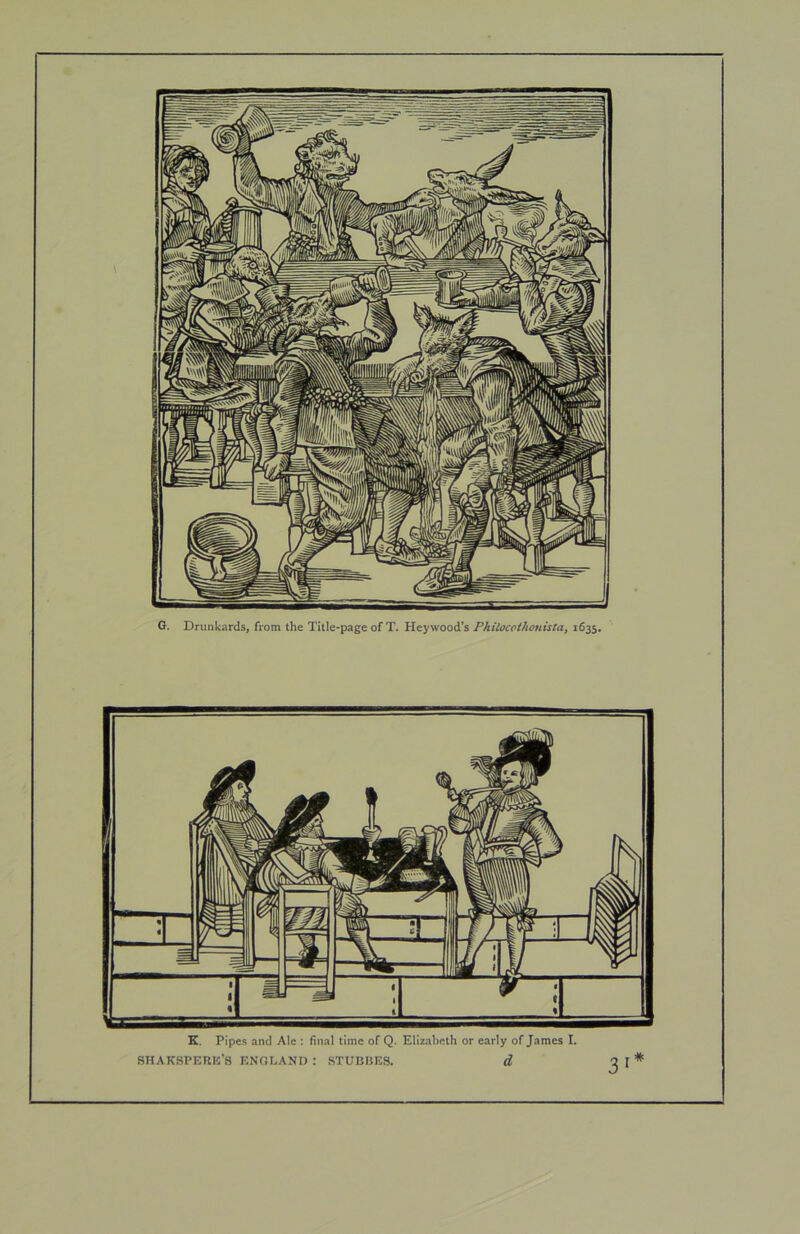 G. Drunkards, from the Title-page of T. Hey wood’s Philocoihonista, 1635. K. Pipes and Ale : final time of Q. Elizabeth or early of James I. SHAKSPERK’S ENOhANI) : STUBI5ES. d 3 I*