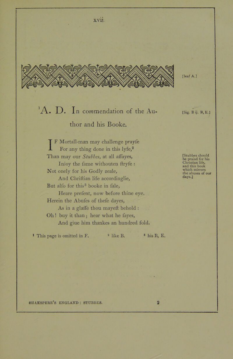 thor and his Booke. IF Mortall-man may challenge prayfe For any thing done in this lyfe,^ Than may our Stuhles, at all aflayes, Inioy the fame withouteu ftryfe : Not onely for his Godly zeale. And Chriftian life accordinglie. But alfo for this® booke in fale, Heare prefent, now before thine eye. Herein the Abufes of thefe dayes. As in a glaffe thou rnayeft behold : Oh ! buy it than j hear what he fayes. And giue him thankes an hundred fold. * This page is omitted in F. * like B. * his B, E. [Sig. B ij. B, E.] [Stubbes should be praisd for his Christian life, and this book which mirrors the abuses of our days.] BHAKSPERE’S ENGLAND : STUBBES. 2