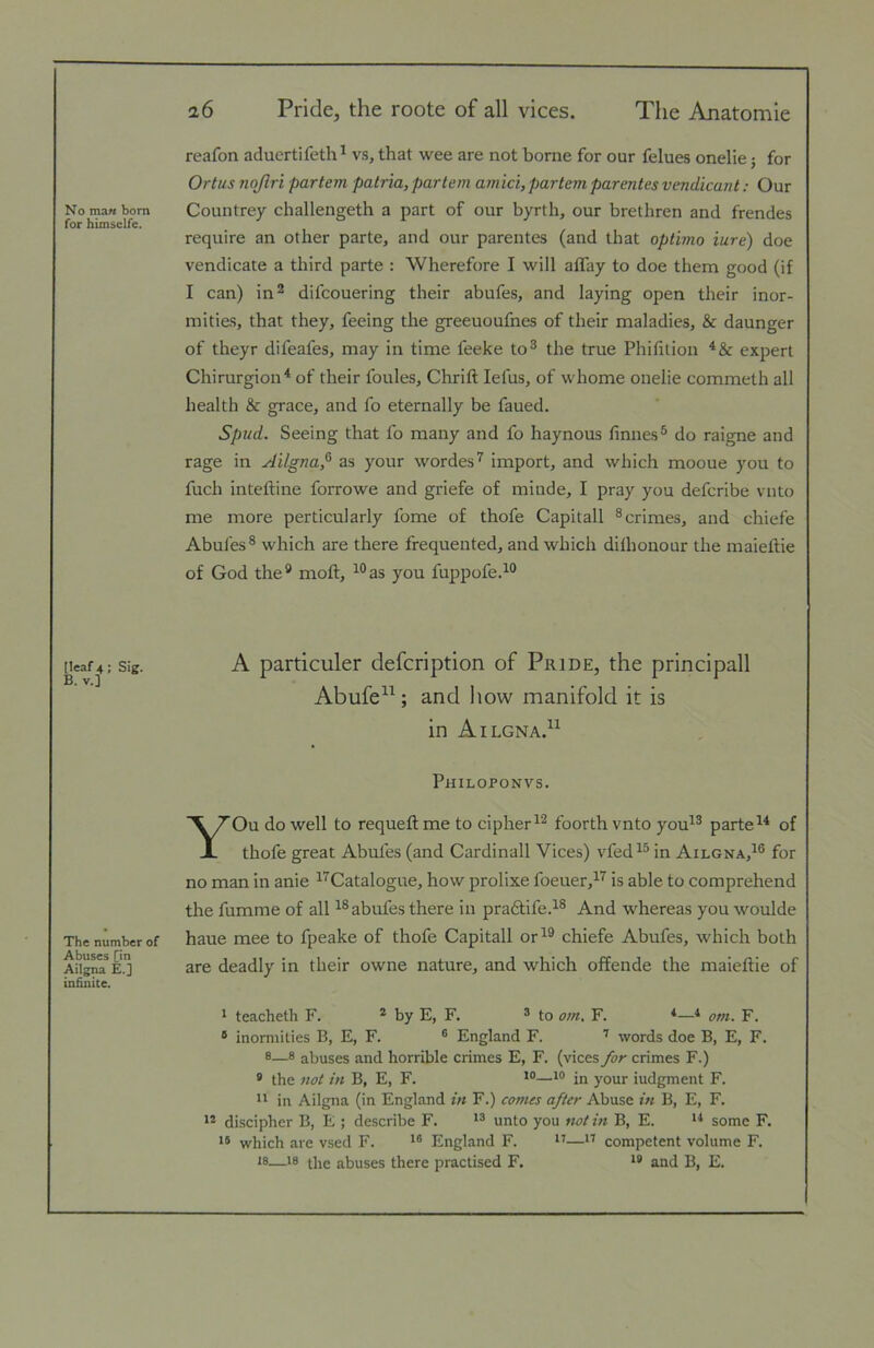 No raa» bom for himselfe. [leaf 4; Sig. B. V.] The number of Abuses [in Ailgna E.] infinite. 2,6 Pride, the roote of all vices. The Anatomie reafon aducrtifeth^ vs, that wee are not borne for our felues onelie j for Ortus nojlri partem palr'ia,partem amici,partemparentes vendicant: Our Countrey challengeth a part of our byrth, our brethren and frendes require an other parte, and our parentes (and that optima iure) doe vendicate a third parte : Wherefore I will affay to doe them good (if I can) in 2 difcouering their abufes, and laying open their inor- mities, that they, feeing the greeuoufnes of their maladies, & daunger of theyr difeafes, may in time feeke to^ the true Phifition expert Chirurgion^ of their foules, Chrill lefus, of whome onelie commeth all health & grace, and fo eternally be faued. Spud. Seeing that fo many and fo haynous finnes® do raigne and rage in Ailgna,’^ as your wordes^ import, and which mooue you to fuch inteftine forrowe and griefe of minde, I pray you defcribe vnto me more perticularly fome of thofe Capitall ® crimes, and chiefe Abufes® which are there frequented, and which difhonour the maieflie of God the* ** moft, ^*as you fuppofe.^* A particuler defcription of Pride, the principall Abufe^^; and how manifold it is in Ailgna.^^ Philoponvs. YOu do well to requeft me to cipher foorth vnto you^® parteof thofe great Abufes (and Cardinall Vices) vfed^® in Ailgna,^® for no man in anie ^'^Catalogue, how prolixe foeuer,^'^ is able to comprehend the fumme of all ^®abufes there in pradtife.^® And whereas you woulde haue mee to fpeake of thofe Capitall or^* chiefe Abufes, which both are deadly in their owne nature, and which offende the maieflie of * teacheth F. * by E, F. ^ to om, F. *—* om. F. ® inomiities B, E, F. ® England F. ’ words doe B, E, F. 8—8 abuses and horrible crimes E, F. (vices for crimes F.) * the not in B, E, F. in your iudgment F. ** in Ailgna (in England in F.) comes after Abuse in B, E, F. discipher B, E ; describe F. unto you not in B, E. some F. *8 which are vsed F. England F. competent volume F. IB—18 tiie abuses there practised F. and B, E.