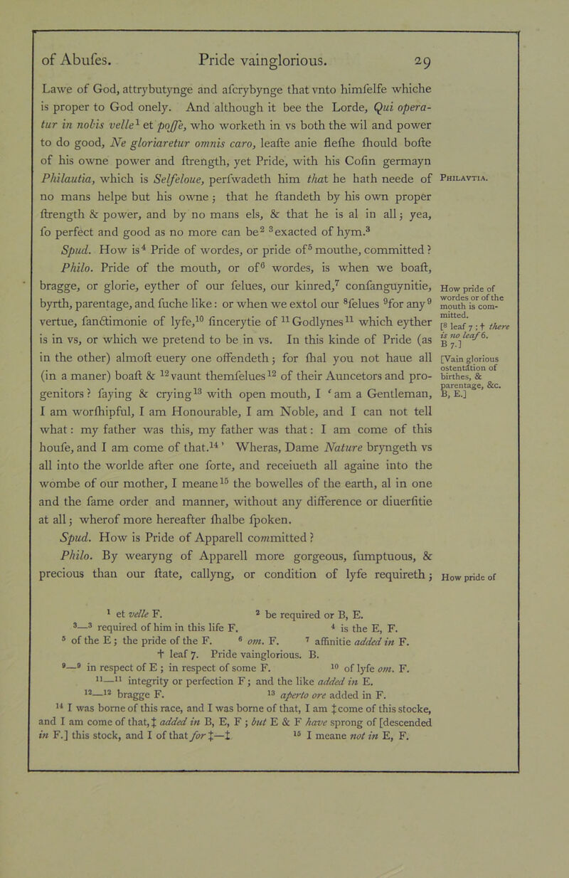 Lawe of God, attrybutynge and afcrybynge that vnto himfelfe whiche is proper to God onely. And although it bee the Lorde, Qui opera- tur in nobis velle^ et pojfe, who worketh in vs both the wil and power to do good, Ne gloriaretur omnis caro, leafte anie flelhe fhould bofte of his owne power and ftrength, yet Pride, with his Cofin germayn Philautia, which is Selfeloue, perfwadeth him that he hath neede of no mans helpe but his owne j that he tlandeth by his own proper flxength & power, and by no mans els, & that he is al in all 3 yea, fo perfect and good as no more can be^ ®exacted of hym.* Spud. How is^ Pride of wordes, or pride of® mouthe, committed ? Philo. Pride of the mouth, or of® wordes, is when we boaft, bragge, or glorie, eyther of our felues, our kinred,'^ confanguynitie, byrth, parentage, and fuche like: or when we extol our ®felues ®for any® vertue, fanftimonie of lyfe,^® fincerytie of ^^Godlynes^^ which eyther is in vs, or which we pretend to be in vs. In this kinde of Pride (as in the other) almofl; euery one offendeth 5 for fhal you not haue all (in a maner) boait & vaunt themfelues of their Auncetors and pro- genitors ? faying & crying^® with open mouth, I 'am a Gentleman, I am worfhipful, I am Honourable, I am Noble, and I can not tell what: my father was this, my father was that: I am come of this houfe, and I am come of that.^^ ’ Wheras, Dame Nature bryngeth vs all into the worlde after one forte, and receiueth all againe into the wombe of our mother, I meane^® the bowelles of the earth, al in one and the fame order and manner, without any difference or diuerfitie at all 3 wherof more hereafter fhalbe fpoken. Spud. How is Pride of Apparell committed ? Philo. By wearyng of Apparell more gorgeous, fumptuous, & precious than our ftate, callyng, or condition of lyfe requireth 3 * et velle F. * be required or B, E. ®® required of him in this life F. is the E, F. * of the E 3 the pride of the F. ® om. F. afhnitie added in F. + leaf 7. Pride vainglorious. B. ®® in respect of E 3 in respect of some F. 10 of lyfe om. F. 11—n integrity or perfection F 3 and the like added in E. 12—12 bragge F. apa-to ore added in F. I was borne of this race, and I was borne of that, I am J come of this stocke, and I am come of that, J added in B, E, F 3 but E & F have sprong of [descended in F.] this stock, and I of that for%—t I meane not in E, F, Philavtia. How pride of wordes or of the mouth is com- mitted. [8 leaf 7 : t there is no leaf 6. By.] [Vain glorious ostentation of birthes, & parentage^ &c. B, E.] How pride of