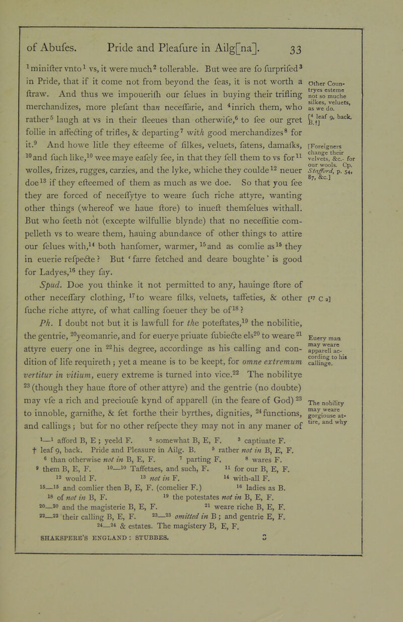 ^ minifter vnto^ vs, it were much^ tollerable. Bat wee are fo furprifed® in Pride, that if it come not from beyond the feas, it is not worth a ftraw. And thus we impouerifli our felues in buying their trifling merchandizes, more plefant than neceflarie, and ^ inrich them, who rather® laugh at vs in their fleeues than otherwife,® to fee our gret follie in afledting of trifles, & departing'^ with good merchandizes® for it.® And howe litle they efteeme of lilkes, veluets, fatens, damafks, ^®and fuch like,^® wee maye eafely fee, in that they fell them to vs for wolles, frizes, rugges, carzies, and the lyke, whiche they coulde neuer doe^® if they efteemed of them as much as we doe. So that you fee they are forced of neceflytye to weare fuch riche attyre, wanting other things (whereof we haue ftore) to inueft themfelues withall. But who feeth not (excepte wilfullie blynde) that no neceflitie com- pelleth vs to weare them, hauing abundance of other things to attire our felues with,^^ both hanfomer, warmer, ^®and as comlie as^® they in euerie refpedle ? But ‘ farre fetched and deare boughte ’ is good for Ladyes,^® they fay. Spud. Doe you thinke it not permitted to any, hauinge ftore of other necelTary clothing, '^to weare filks, veluets, tafleties, & other fuche riche attyre, of what calling foeuer they be of^®? Ph. I doubt not but it is lawfull for the poteftates,^® the nobilitie, the gentrie, ®®yeomanrie, and for euerye priuate fubiedte els®® to weare attyre euery one in ®®his degree, accordinge as his calling and con- dition of life requireth ; yet a meane is to be keept, for omne extremum vertitur in vitium, euery extreme is turned into vice.®® The nobilitye ®® (though they haue ftore of other attyre) and the gentrie (no doubte) may vfe a rich and precioufe kynd of apparell (in the feare of God) ®® to innoble, garniflie, & fet forthe their byrthes, dignities, ®^ functions, and callings; but for no other refpecte they may not in any maner of '—* afford B, E ; yeeld F. * somewhat B, E, F. ^ captiuate F. t leaf 9, back. Pride and Pleasure in Ailg. B. ® rather not in B, E, F. ® than otherwise not m B, E, F. ’ parting F. ® wares F. * them B, E, F. Taffetaes, and such, F. for our B, E, F. ** would F. not in F. with-all F. 15—15 and comlier then B, E, F. (comelier F.) ladies as B. of not in B, F. the potestates not in B, E, F. so—so and the magisterie B, E, F. weare riche B, E, F. ss—ss their calling B, E, F. omitted in B ; and gentrie E, F. S4—S4 & estates. The magistery B, E, F. SHAKSPERE’S ENGLAND : STUBBE3. C Other Conn- tryes esteme not so muche silkes, veluets, as we do. leaf g, back. B.t] [Foreigners change their velvets, &c.- for our wools. Cp. Stafford^ p. 54, 87, &c.] C 2] Euery man may weare apparell ac- cording to his callinge. The nobility may weare ^orgiouse at- tire, and why