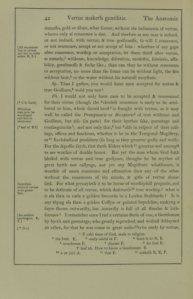 [All rcuerence due to vertue and not to riche attire. B, £.j C 8, back] Wherfore man is to be worshiped and had in reuerence. p leaf i6. B.f] Gentilitie without vertue is no ge«ti- litie. [An exelent ^othegme. £, [*3 D I] 42 Vertue maketh gentilitie. The Anatomie damadis, gold or filuer, what foeuer, without the induments of vertue, wherto only al reuerence is due. And therfore as any man is indued, or not indued, with vertue, & true godlynelTe, fo will I reuerence, or not reuerence, accept or not accept of him ; wherfore if any gape after reuerence, worfliip or acceptation, let them third; after vertue, as namely,^ wifdome, knowledge, difcretion, modeftie, fobrietie, affa- bility, gentlenelfe & fuche like 5 than can they be without reuerence or acceptation, no more than the fonne can be witAout light, the fire witAout heat,2 or the water witAout his naturall moyfture. Sp. Than I gather, you would haue men accepted for vertue & true Godlines,* wold you not ? PA. I would not only haue men to be accepted & reuerenced for their virtue (though the ^chiefefl; reuerence is onely to be attri- buted to him, whofe facred breft® is fraught with vertue, as it may well be called the Promptuarie or Receptorie^ of true wifdome and Godlines, but alfo (in parte) for their byrthes fake, parentage and confanguinitie'^j and not only that,® but ® alfo in refpect of their call- ings, offices and fundtions, whether it be in the Temporal Magiflery, or^® Ecclefiaftical presbitery (fo long as they gouerne godly and well): For the Apoftle fayth, that thofe Elders which gouerne wel amongft vs are worthie of double honor. But yet the man whom God hath bleffed with vertue and true godlynes, thoughe he be neyther of great byrth nor callynge, nor yet any Magiflrate whatfoeuer, is worthie of more reuerence and eftimation then any of the other without the ornaments of the minde, & gifts of vertue aboue faid. For what preuayleth it to be borne of worffiipfull progenie, and to be deffitute of all vertue, which deferueth^^ true worffiip ? what is it els then to carie a golden Swoorde in a Leaden Scabbarde ? Is it any thyng els then a golden Coffyii or painted Sepulchre, makyng a fayre ffiowe outwardly, but inwardly is full of all ftinche & loth- fomnes ? I remember once I red a certaine ftorie of one, a Gentleman by byrth and parentage, who greatly reproched, and withall difdayned an other, for that he was come to great autho%ytie onely by vertue, 1 F adds feare of God, zeale to religion ® the heat. E. * onely added in F. ‘ brest is so B, E. ® storehouse F. ’ discent F. ® for that E. + leaf 16. How to know a Gentleman. B. a or {sic) A. >1 that F. maketh B, E, F.