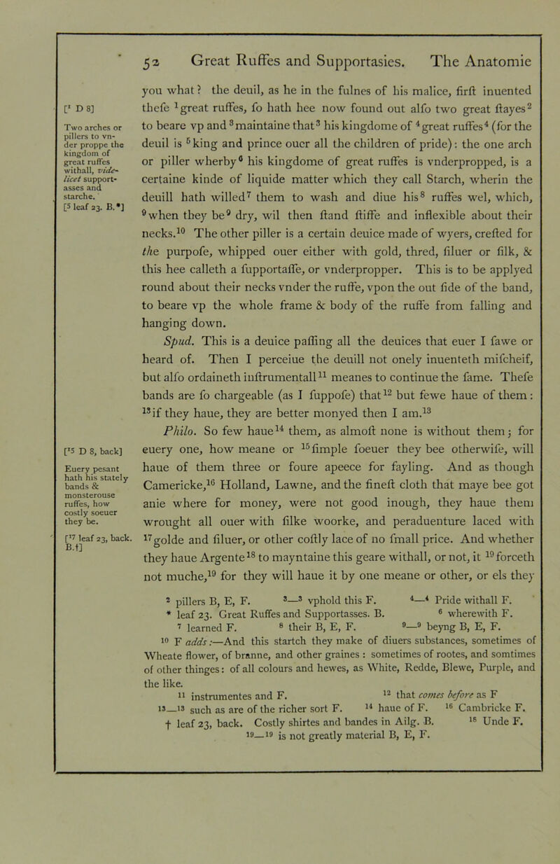 [• D8] Two arches or pillers to vn- der proppe the kingdom of great ruffes withall, vide^ licet support- asses and starche. [S leaf 23. B.*] [‘5 D 8, back] Euery pesant hath his stately bands & monsterouse ruffes, how costly soeucr they be, leaf 23, back, B.t] 52 Great Ruffes and Supportasies. The Anatomie you what ? the deuil, as he in the fulnes of his malice, lirft inuented thefe ^ great ruffes, fo hath hee now found out alfo two great ftayes^ to beare vp and ®maintaine that^ his kingdome of ^great ruffes^ (for the deuil is ^king and prince oucr all the children of pride): the one arch or piller wherby® his kingdome of great ruffes is vnderpropped, is a certaine kinde of liquide matter which they call Starch, wherin the deuill hath willed'^ them to wash and diue his® ruffes wel, which, ®when they be® dry, wil then ftand ftiffe and inflexible about their necksd® The other piller is a certain deuice made of wyers, crefted for /Ae purpofe, whipped ouer either with gold, thred, bluer or filk, & this hee calleth a fupportaffe, or vnderpropper. This is to be applyed round about their necks vnder the ruffe, vpon the out fide of the band, to beare vp the whole frame & body of the ruffe from falling and hanging down. Spud. This is a deuice pafling all the deuices that euer I fawe or heard of. Then I perceiue the deuill not onely inuenteth mifeheif, but alfo ordaineth inftrumentalP^ meanes to continue the fame. Thefe bands are fo chargeable (as I fuppofe) that but fewe haue of them: ^®if they haue, they are better monyed then I am.^® Philo. So few haue®* them, as almofl: none is without themj for euery one, how meane or ®®fimple foeuer they bee otherwife, will haue of them three or foure apeece for fayling. And as though Camericke,®® Holland, Lawne, and the finefl cloth that maye bee got anie where for money, were not good inough, they haue them wrought all ouer with filke woorke, and peraduenture laced with ®®golde and bluer, or other coffly lace of no fmall price. And whether they haue Argente®® to mayntaine this geare withall, or not, it ®®forceth not muche,®® for they will haue it by one meane or other, or els they ® pillers B, E, F. ®® vphold this F. ^‘ Pride withall F. * leaf 23. Great Ruffes and Supportasses. B. ® wherewith F. ’ learned F. ® their B, E, F. ®® beyng B, E, F. 1® F adds:—And this startch they make of diuers substances, sometimes of Wheate flower, of branne, and other graines : sometimes of rootes, and somtimes of other thinges: of all colours and hewes, as White, Redde, Blewe, Purple, and the like.  instrumentes and F. that comes before .as F is_i3 such as are of the richer sort F. haue of F. Cambricke F. t leaf 23, back. Costly shirtes and bandes in Ailg. B. Unde F. 19—19 is not greatly material B, E, F.