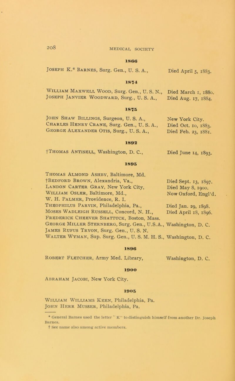 180G Joseph K.* Barnes, Surg. Gen., U. S. A., Died April 5, 1883. 1874 William Maxwell Wood, Surg. Gen., U. S. N., Joseph Janvier Woodward, Surg., U. S. A., 1875 John Shaw Billings, Surgeon, U. S. A., Charles Henry Crane, Surg. Gen., U. S. A., George Alexander Otis, Surg., U. S. A., 1892 fThomas Antisell, Washington, D. C., 1895 Died March 1, 1880. Died Aug. 17, 1884. New York City. Died Oct. 10, 1883. Died Feb. 23, 1881. Died June 14, 1893. Thomas Almond Ashby, Baltimore, Md. fBedford Brown, Alexandria, Va., Landon Carter Gray, New York City, William OSLER, Baltimore, Md., W. H. Palmer, Providence, R. I. Theophilus Parvin, Philadelphia, Pa., Moses WadlEigh Russell, Concord, N. H., Frederick Cheever ShaTTuck, Boston, Mass. George Miller Sternberg, Surg. Gen., U.S.A., Washington, D. C. James Rufus Tryon, Surg. Gen., U. S. N. Walter Wyman, Sup. Surg. Gen., U. S. M. H. S., Washington, D. C. Died Sept. 13, 1897. Died May 8, 1900. Now Oxford, Engl’d. Died Jan. 29, 1898. Died April 18, 1S96. 1896 Robert Fletcher, Army Med. Library, 1900 Abraham Jacobi, New York City. Washington, D. C. 1905 William Williams Keen, Philadelphia, Pa. John Herr Musser, Philadelphia, Pa. * General Barnes used the letter “ K” to distinguish himself from another Dr. Joseph Barnes. t .See name also among active members.