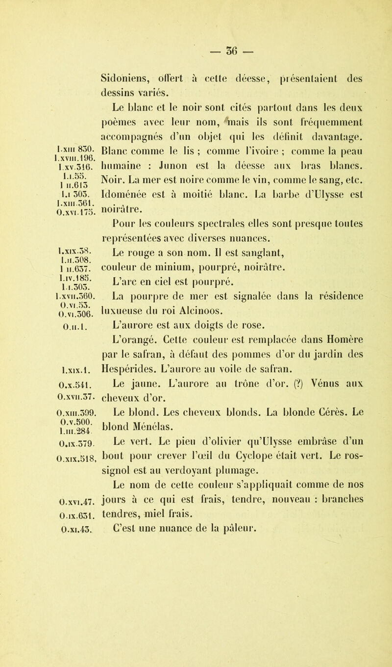 I.xiii 830. 1 .xviii. 196. I. xv. 316. 1.1.53. 1 ii.613 I.i 303. I .xiii .361. O.xvi.175. 1.xix.38. 1.h.508. 1 n.637. I.iv.185. 1.1.303. 1. xvii.560. O.vi.53. O.vi.306. O.ii.l. l.xix.l. O.x.541. O.xvii.57. O.xiii.399. 0. v.500. 1. ni. 284 0.ix.579. O.xix.518, O.xvi.47. O.ix.631. O.xi.43. Sidoniens, offert à cette déesse, présentaient des dessins variés. Le blanc et le noir sont cités partout dans les deux poèmes avec leur nom, 'mais ils sont fréquemment accompagnés d’un objet qui les définit davantage. Blanc comme le lis ; comme l’ivoire ; comme la peau humaine : Junon est la déesse aux bras blancs. Noir. La mer est noire comme le vin, comme le sang, etc. Idoménée est à moitié blanc. La barbe d’Ulysse est noirâtre. Pour les couleurs spectrales elles sont presque toutes représentées avec diverses nuances. Le rouge a son nom. Il est sanglant, couleur de minium, pourpré, noirâtre. L’arc en ciel est pourpré. La pourpre de mer est signalée dans la résidence luxueuse du roi Alcinoos. L’aurore est aux doigts de rose. L’orangé. Cette couleur est remplacée dans Homère par le safran, à défaut des pommes d’or du jardin des Hespérides. L’aurore au voile de safran. Le jaune. L’aurore au trône d’or. (?) Vénus aux cheveux d’or. Le blond. Les cheveux blonds. La blonde Cérès. Le blond Ménélas. Le vert. Le pieu d’olivier qu’Ulysse embrase d’un bout pour crever l’œil du Cyclope était vert. Le ros- signol est au verdoyant plumage. Le nom de cette couleur s’appliquait comme de nos jours à ce qui est frais, tendre, nouveau : branches tendres, miel frais. C’est une nuance de la pâleur.