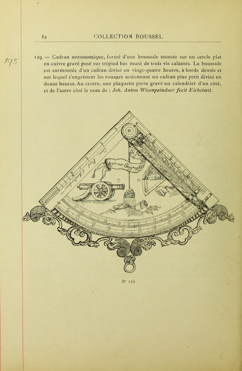 1 129 — Cadran astronomique, formé d'une boussole montée sur un cercle plat en cuivre gravé posé sur trépied bas muni de trois vis calantes. La boussole est surmontée d'un cadran divise en vingt-quatre heures, à bords dentés et sur lequel s’engrènent les rouages actionnant un cadran plus petit divisé en douze heures. Au centre, une plaquette porte gravé un calendrier d’un côté, et de l'autre côté le nom de : Joh. Anton Wisenpaindner fecit Eichstœlt. N° I2Ô