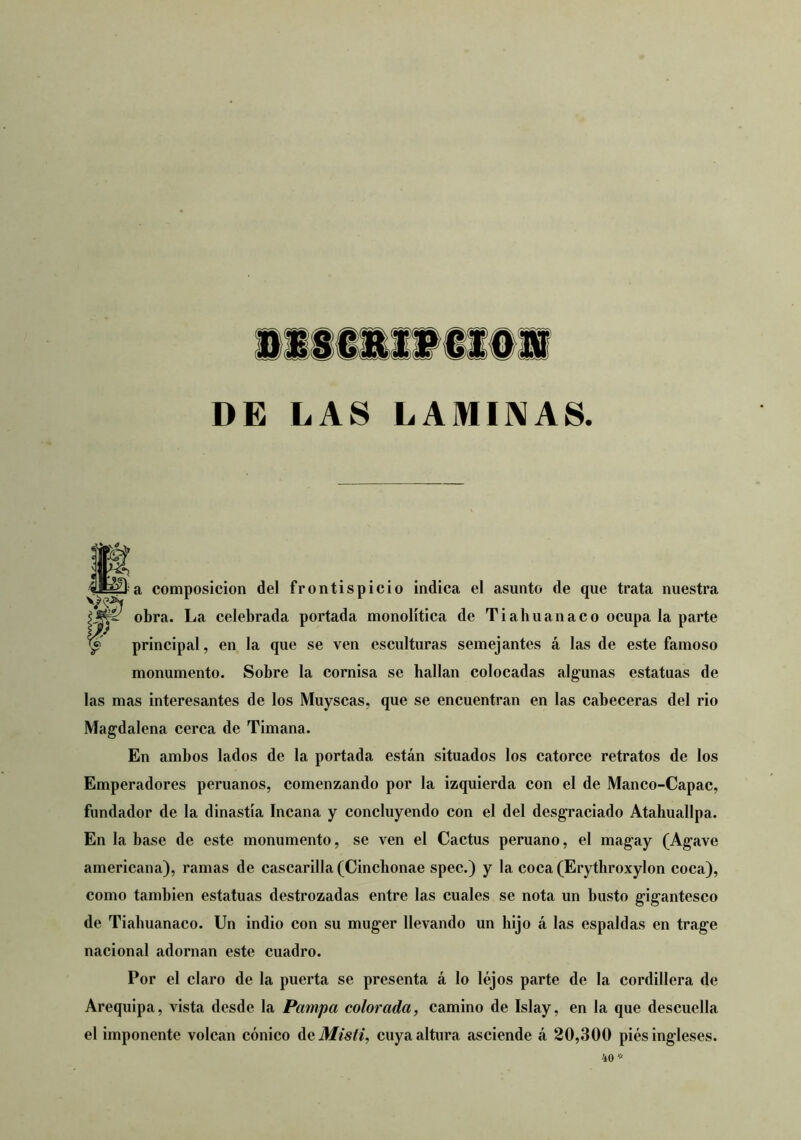 anmtitii DE LAS LAMINAS. a composición del frontispicio indica el asunto de que trata nuestra obra. La celebrada portada monolítica de Tiabuanaco ocupa la parte principal, en la que se ven esculturas semejantes á las de este famoso monumento. Sobre la cornisa se hallan colocadas algunas estatuas de las mas interesantes de los Muyscas, que se encuentran en las cabeceras del rio Magdalena cerca de Timana. En ambos lados de la portada están situados los catorce retratos de los Emperadores peruanos, comenzando por la izquierda con el de Manco-Capac, fundador de la dinastía Incana y concluyendo con el del desgraciado Atahuallpa. En la base de este monumento, se ven el Cactus peruano, el magay (Agave americana), ramas de cascarilla (Cinchonae spec.) y la coca (Erythroxylon coca), como también estatuas destrozadas entre las cuales se nota un busto gigantesco de Tiabuanaco. Un indio con su muger llevando un hijo á las espaldas en trage nacional adornan este cuadro. Por el claro de la puerta se presenta á lo lejos parte de la cordillera de Arequipa, vista desde la Pampa colorada, camino de Islay, en la que descuella el imponente volcan cónico AcMisti, cuya altura asciende á 20,300 pies ingleses. 40