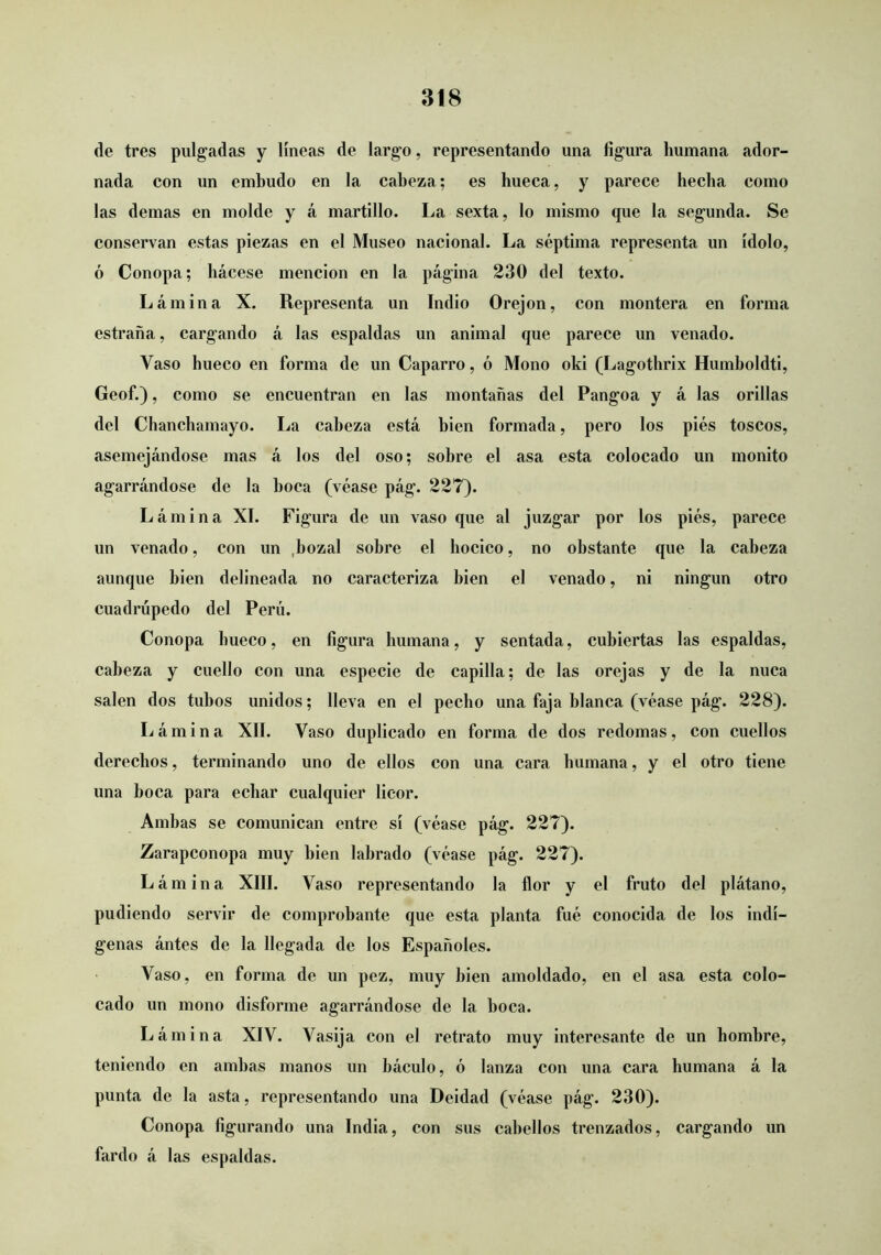 de tres pulgadas y líneas de largo, representando una figura humana ador- nada con un embudo en la cabeza; es hueca, y parece hecha como las demas en molde y á martillo. La sexta, lo mismo que la segunda. Se conservan estas piezas en el Museo nacional. La séptima representa un ídolo, ó Conopa; hácese mención en la página 230 del texto. Lámina X. Representa un Indio Orejón, con montera en forma estraña, cargando á las espaldas un animal que parece un venado. Vaso hueco en forma de un Caparro, ó Mono oki (Lagothrix Humboldti, Geof.), como se encuentran en las montañas del Pangoa y á las orillas del Chanehamayo. La cabeza está bien formada, pero los pies toscos, asemejándose mas á los del oso; sobre el asa esta colocado un monito agarrándose de la boca (véase pág. 227). Lámina XI. Figura de un vaso que al juzgar por los piés, parece un venado, con un ,bozal sobre el hocico, no obstante que la cabeza aunque bien delineada no caracteriza bien el venado, ni ningún otro cuadrúpedo del Perú. Conopa hueco, en figura humana, y sentada, cubiertas las espaldas, cabeza y cuello con una especie de capilla; de las orejas y de la nuca salen dos tubos unidos; lleva en el pecho una faja blanca (véase pág. 228). Lámina XII. Vaso duplicado en forma de dos redomas, con cuellos dereehos, terminando uno de ellos con una cara humana, y el otro tiene una boca para echar cualquier licor. Ambas se comunican entre sí (véase pág. 227). Zarapconopa muy bien labrado (véase pág. 227). Lámina XIII. Vaso representando la flor y el fruto del plátano, podiendo servir de comprobante que esta planta fué conocida de los indí- genas ántes de la llegada de los Españoles. Vaso, en forma de un pez, muy bien amoldado, en el asa esta colo- cado un mono disforme agarrándose de la boca. Lámina XIV. Vasija con el retrato muy interesante de un hombre, teniendo en ambas manos un báculo, ó lanza con una cara humana á la punta de la asta, representando una Deidad (véase pág. 230). Conopa figurando una India, con sus cabellos trenzados, cargando un fardo á las espaldas.