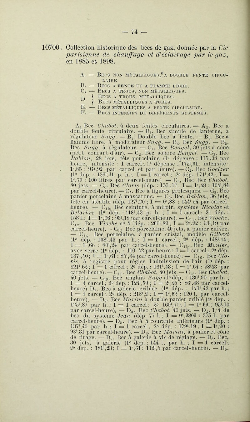 10700. Collection historique des becs de gaz, donnée par la parisienne de chauffage et d'éclairage par le gaz, en 1885 et 1898. A. — Beos non métalliques,'^a double fente circu- laire B. ■— Becs a fente et a flamme libre. C. — Becs a trous, non métalliques. Tj \ Becs a trous, métalliques. } Becs métalliques a tubes. E. — Becs métalliques a fente circulaire. F. — Becs intensifs de différents systèmes Ai Bec Chabot, à deux fentes circulaires. — Ao- Bec à double fente circulaire. — B^ Bec simple de lanterne, à régulateur Sufig . —B.^. Double bec à fente. —B3. Bec à flamme lilire, à modérateur Siigg. ■— B4. Bec Sugg. — Br,. Bec Sngg, à régulateur. — Ci, Bec Bengel, 30 jets à cône (])etit courant d'air). — C.^. Bec solaire Bengel. — Gg. Bec Bablon, 28 jets, tète porcelaine (1° dépense : ll.ôi,38 par heure, intensité : 1 carcel ; 2° dépense : 1751,61, intensité: l',85 : 01',92 par carcel et par heure).-—G4. Bec Goelser (1° dép. : 1261,31 p. li. ; 1 = 1 carcel ; 2° dép. 17li,12 ; I = i%70 : 100 litres par carcel-heuie) — Cr,, Bec Bec Chabot, 80 jets, — C(j. Bec Clovis (dép. : 155',17'; 1= 1%48 : 104',84 par carcel-heure), — G;. Bec à figures grotesques.— Gg. Bec panier porcelaine à mascarons, — C9. Bec Bablon, 36 jets, tête en stéatite (dép. 127^,20 ; I = O^SS ; 1441.54 par carcel- heure). — Gjo, Bec ceinture, à miroir, système Nicolas et JJelarbre (1° dép. : 118i,42 p. h ; I = 1 carcel ; 2° dép.: 1581.; 1=1,66 : 931,18iiar carcel-heure). — Gu. Bec Vioche. Gi2- Bec Vioche n“ 4 (dép. : 206',89; I = 2%22 ; 03‘,19 par carcel-heure). - G)?, Bec porcelaine, 40 jets, à panier cuiA're. — G14. Bec porcelaine, à panier cristal, modèle Gilbert (1® dép. : 1081,43 par h.; 1 = 1 carcel; 2* dép. : 148',14; 1 = l^ee ; 80',24 par carcel-heure). — Gi.r,..Bec Monter, avec verre (1° dc'p. : 110' 42 par heure ; 1 =1 carcel ; 2* dép. 137',40; .1 = l',61 ; 8r>',34 par carcel-heure). — Gjc. Bec Clo- vis, à registre pour régler l’admission de l'air (1“ dép. : 121',62; 1=1 carcel ; 2» dép. : 161',43; 1 = l',64 ; 98'43 par carcel-heure). — G17. Bec Chabot, 40 jets.— Gis- Bec Chabot, 40 jets. — G19. Bec anglais Sugg (i°dép. : 130',90 par h. ; 1=1 carcel ; 2° dép. : 124',B9 ; I = 2°,25 : 86'.48 par carcel- heure) Di. Bec à galerie criblée (l® dép. : 171',42 par h.; 1 = 1 carcel ; 2» dép. : 218',2 ; 1 = l'=,82 : 120 1. par carcel- heure). — D-2. Bec Marini à double panier criblé (1® dép. . 125',87 par h. ; 1 = 1 carcel; 2® 160',71; 1 = F 69 ; 95',10 par carcel-heure), — Dg. Bec Chabot. 40 jets. — D4. 1/4 de bec du système Jean (dep. 77 1. ; 1 = 0',2809 : 275 1. par carcel-beure). — Dr,. Bec à 4 courants intérieurs (1° dép. : 137',40 par h.; 1 = 1 carcel ; 2» dép. : 179I-.19 ; 1 = l‘,90 : 93'.31 par carcel-heure). — Du. Bec Marini, à panier et cône de tirage. — D7. Bec à galerie à vis de réglage. — Dg. Bec, 30 jets, à, galerie (1° clép. : 144 1. par h. ; 1 =1 carcel; 2° dép. : 181',23; I = l',61: 112',5 par carcel-heure)'. —D9.