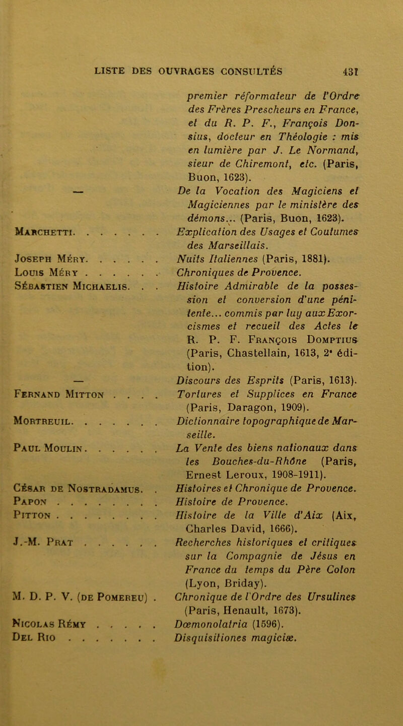 Marchetti Joseph Méry Louis Méry Sébastien Michaelis. . . Fernand Mitton . . . . Mortreuil Paul Moulin César de Nostradamus. . Papon PiTTON J.-M. Prat M. D. P. V. (de Pomereu) . Nicolas Rémy Del Rio premier réformateur de l’Ordre des Frères Prescheurs en France, el du B. P. F., François Don- sius, docteur en Théologie : mis en lumière par J. Le Normand, sieur de Chiremont, etc. (Paris, Buon, 1623). De la Vocation des Magiciens et Magiciennes par le ministère des démons... (Paris, Buon, 1623). Explication des Usages et Coutumes des Marseillais. Nuits Italiennes (Paris, 1881). Chroniques de Provence. Histoire Admirable de la posses- sion el conversion d’une péni- tente... commis par luy auxExor- cismes et recueil des Actes le R. P. F. François Domptius (Paris, Chastellain, 1613, 2* édi- tion). Discours des Esprits (Paris, 1613). Tortures et Supplices en France (Paris, Daragon, 1909). Dictionnaire topographique de Mar- seille. La Vente des biens nationaux dans les Bouches-du-Rhône (Paris, Ernest Leroux, 1908-1911). Histoires el Chronique de Provence. Histoire de Provence. Histoire de la Ville d’Aix (Aix, Charles David, 1666). Recherches historiques el critiques sur la Compagnie de Jésus en France du temps du Père Colon (Lyon, Briday). Chronique de l'Ordre des Ursulines (Paris, Renault, 1673). Dœmonolatria (1696), Disquisiliones magiciæ.