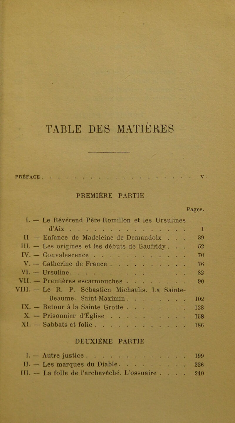 PRÉFACE V PREMIÈRE PARTIE Pages. I. ~ Le Révérend Père Romillon et les Ursulines d’Aix 1 II. — Enfance de Madeleine de Demandolx ... 39 III. — Les origines et les débuts de Gaufridy ... 52 IV. — Convalescence 70 V. — Catherine de France 76 VI. — Ursuline 82 VII. — Premières escarmouches 90 VIII. — Le R. P. Sébastien Michaëlis. La Sainte- Beaume. Saint-Maximin 102 IX. — Retour à la Sainte Crotte 123 X. — Prisonnier d’Église 168 XL — Sabbats et folie 186 DEUXIÈME PARTIE I. — Autre justice 199 IL — Les marques du Diable 226 IM. — La folle de l'archevêché. L’ossuaire .... 240