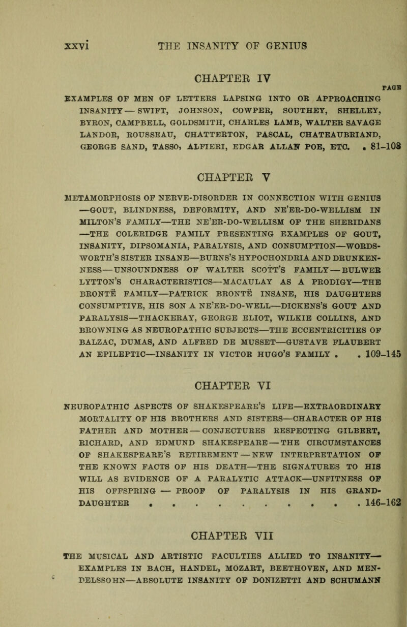 CHAPTEK IV PAQB EXAMPLES OF MEN OF LETTERS LAPSING INTO OR APPROACHING INSANITY—SWIFT, JOHNSON, COWPER, SOUTHEY, SHELLEY, BYRON, CAMPBELL, GOLDSMITH, CHARLES LAMB, WALTER SAVAGE LAN DOR, ROUSSEAU, CHATTERTON, PASCAL, CHATEAUBRIAND, GEORGE SAND, TASSO, ALFIERI, EDGAR ALLAN POE, ETC. . 81-108 CHAPTEE V METAMORPHOSIS OF NERVE-DISORDER IN CONNECTION WITH GENIUS —GOUT, BLINDNESS, DEFORMITY, AND NE’ER-DO-WELLISM IN MILTON’S FAMILY—THE NE’ER-DO-WELLISM OF THE SHERIDANS —THE COLERIDGE FAMILY PRESENTING EXAMPLES OF GOUT, INSANITY, DIPSOMANIA, PARALYSIS, AND CONSUMPTION—WORDS- WORTH’S SISTER INSANE—BURNS’S HYPOCHONDRIA AND DRUNKEN- NESS—UNSOUNDNESS OF WALTER SCOTT’S FAMILY — BULWER LYTTON’S characteristics—MACAULAY AS A PRODIGY—THE BRONTE FAMILY—PATRICK BRONTE INSANE, HIS DAUGHTERS CONSUMPTIVE, HIS SON A NE’ER-DO-WELL—DICKENS’S GOUT AND PARALYSIS—THACKERAY, GEORGE ELIOT, WILKIE COLLINS, AND BROWNING AS NEUROPATHIC SUBJECTS—THE ECCENTRICITIES OF BALZAC, DUMAS, AND ALFRED DE MUSSET—GUSTAVE FLAUBERT AN EPILEPTIC—INSANITY IN VICTOR HUGO’S FAMILY , . 109-145 CHAPTEE VI NEUROPATHIC ASPECTS OF SHAKESPEARE’S LIFE-EXTRAORDINARY MORTALITY OF HIS BROTHERS AND SISTERS—CHARACTER OF HIS FATHER AND MOTHER — CONJECTURES RESPECTING GILBERT, RICHARD, AND EDMUND SHAKESPEARE — THE CIRCUMSTANCES OF SHAKESPEARE’S RETIREMENT — NEW INTERPRETATION OP THE KNOWN FACTS OF HIS DEATH—THE SIGNATURES TO HIS WILL AS EVIDENCE OP A PARALYTIC ATTACK—UNFITNESS OP HIS OFFSPRING — PROOF OP PARALYSIS IN HIS GRAND- DAUGHTER 146-162 CHAPTER VII THE MUSICAL AND ARTISTIC FACULTIES ALLIED TO INSANITY— EXAMPLES IN BACH, HANDEL, MOZART, BEETHOVEN, AND MEN- DELSSOHN-ABSOLUTE INSANITY OP DONIZETTI AND SCHUMANN