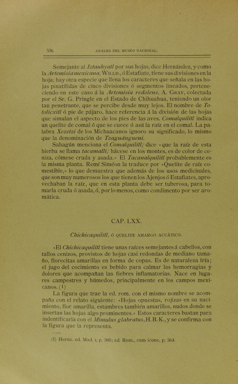 536 ANALES DEL MUSEO NACIONAL. Semejante al Istauhyatl por sus hojas, dice Hernández, y como la Artemisia mexicana, Willd., ó Estafiate, tiene sus divisiones en la hoja; hay otra especie que llena los caracteres que señala en las ho- jas pinatífidas de cinco divisiones ó segmentos lineados, pertene- ciendo en este caso á la Artemisia redolens, A. Gray, colectada por el Sr. G. Pringle en el Estado de Chihuahua, teniendo un olor tan penetrante, que se percibe desde muy lejos. El nombre de To- tolicxitl ó pie de pájaro, hace referencia á la división de las hojas que simulan el aspecto de los pies de las aves. Comalquilitl indica un quelite de comal ó que se cuece ó asa la raíz en el comal. La pa- labra Xesetzi de los Michuacanos ignoro su significado, lo mismo que la denominación de Tsagnángueni. Sahagún menciona el Comalquilitl; dice «que la raíz de esta hierba se llama tacamalli; hácese en los montes, es de color de ce- niza, cómese cruda y asada.» El Tacanalquilitl probablemente es la misma planta. Remí Siméon la traduce por «Quelite de raíz co- mestible,» lo que demuestra que además de los usos medicinales, que son muy numerosos los que tienen los Ajenjos ó Estaf iates, apro - vechaban la raíz, que en esta planta debe ser tuberosa, para to- marla cruda ó asada, ó, por lo menos, como condimento por ser aro- mática. CAP. LXX. Chichicaquilitl, ó quelite amargo acuático. «El Chichicaquilitl tiene unas raíces semejantes á cabellos, con tallos cenizos, provistos de hojas casi redondas de mediano tama- ño, florecitas amarillas en forma de copas. Es de naturaleza fría; el jugo del cocimiento es bebido para calmar las hemorragias y dolores que acompañan las fiebres inflamatorias. Nace en luga- res campestres y húmedos, principalmente en los campos mexi- canos. (1) La figura que trae la ed. rom. con el mismo nombre se acom- paña con el relato siguiente: «Hojas opuestas, rojizas en su naci- miento, flor amarilla, estambres también amarillos, nudos donde se insertan las hojas algo prominentes.» Estos caracteres bastan para indentificarla con el Mimuhis glábratus, H.B.K.,y se confirma con la figura que la representa. (1) Hernz. ed. Mad. i, p. 3S0; ed. Rom., cum icone, p. 364,