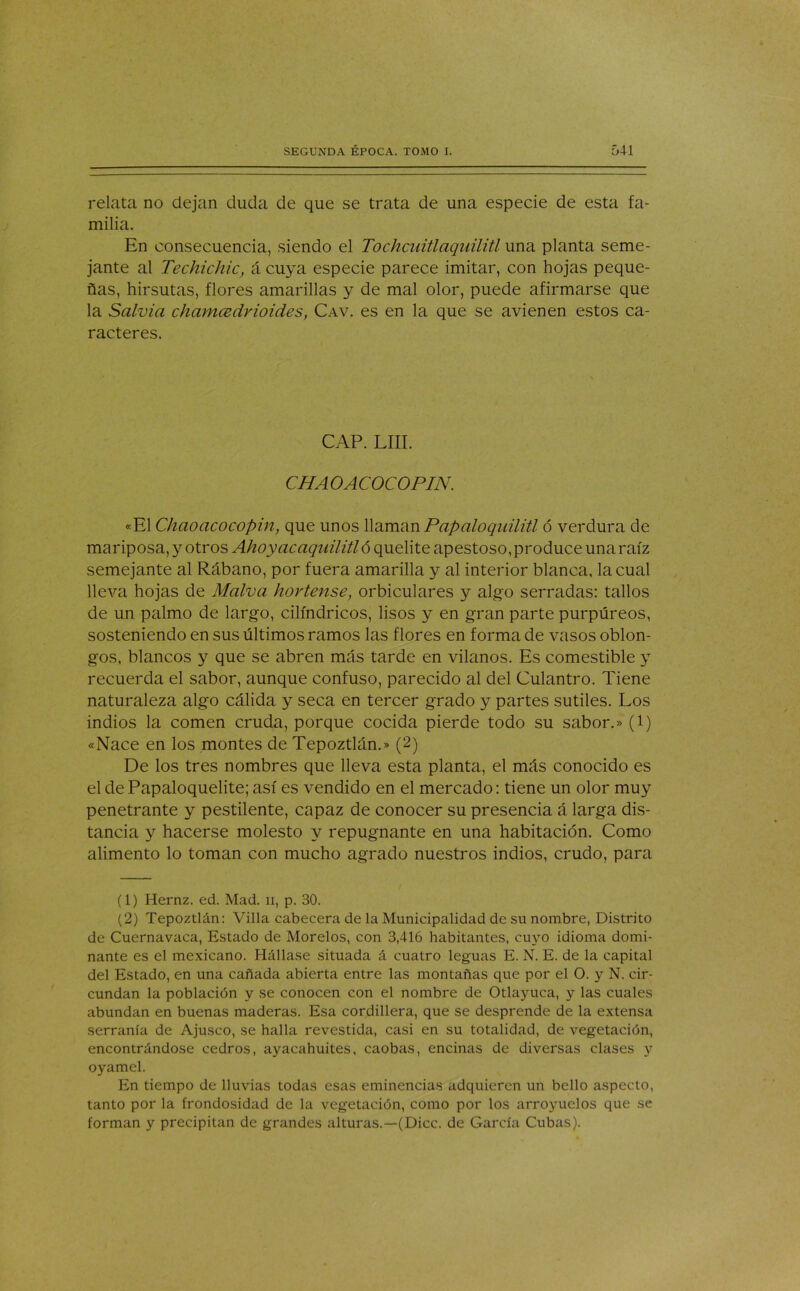 relata no dejan duda de que se trata de una especie de esta fa- milia. En consecuencia, siendo el Tochcuitlaquilitl una planta seme- jante al Techichic, á cuya especie parece imitar, con hojas peque- ñas, hirsutas, flores amarillas y de mal olor, puede afirmarse que la Salvia chamcedrioides, Cav. es en la que se avienen estos ca- racteres. CAP. LUI. CHA O A COC O PIN. «El Chaoacocopin, que unos llaman Papaloquilitl ó verdura de mariposa, y otros Ahoyacaquilitló quelite apestoso, produce una raíz semejante al Rábano, por fuera amarilla y al interior blanca, la cual lleva hojas de Malva hortense, orbiculares y algo serradas: tallos de un palmo de largo, cilindricos, lisos y en gran parte purpúreos, sosteniendo en sus últimos ramos las flores en forma de vasos oblon- gos, blancos y que se abren más tarde en vilanos. Es comestible y recuerda el sabor, aunque confuso, parecido al del Culantro. Tiene naturaleza algo cálida y seca en tercer grado y partes sutiles. Los indios la comen cruda, porque cocida pierde todo su sabor.» (l) «Nace en los montes de Tepoztlán.» (2) De los tres nombres que lleva esta planta, el más conocido es el de Papaloquelite; así es vendido en el mercado: tiene un olor muy penetrante y pestilente, capaz de conocer su presencia á larga dis- tancia y hacerse molesto y repugnante en una habitación. Como alimento lo toman con mucho agrado nuestros indios, crudo, para (1) Hernz. ed. Mad. ii, p. 30. (2) Tepoztlán: Villa cabecera de la Municipalidad de su nombre, Distrito de Cuernavaca, Estado de Morelos, con 3,416 habitantes, cuyo idioma domi- nante es el mexicano. Hállase situada á cuatro leguas E. N. E. de la capital del Estado, en una cañada abierta entre las montañas que por el O. y N. cir- cundan la población y se conocen con el nombre de Otlayuca, y las cuales abundan en buenas maderas. Esa cordillera, que se desprende de la extensa serranía de Ajusco, se halla revestida, casi en su totalidad, de vegetación, encontrándose cedros, ayacahuites, caobas, encinas de diversas clases y oyamel. En tiempo de lluvias todas esas eminencias adquieren un bello aspecto, tanto por la frondosidad de la vegetación, como por los arroyuelos que se forman y precipitan de grandes alturas.—(Dice, de García Cubas).