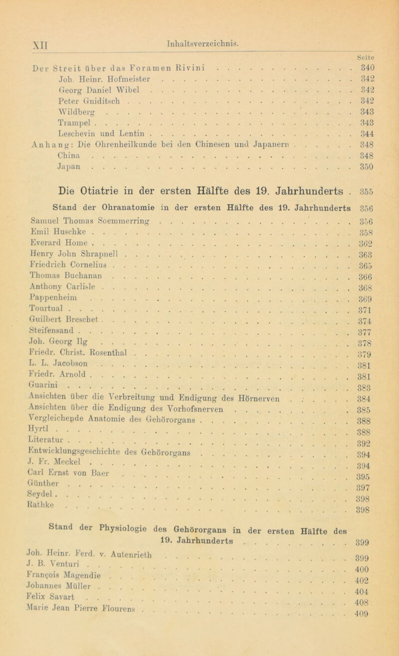 Seite Der Streit über das Foramen Rivini 340 Joh. Heim*. Hofmeister 342 Georg Daniel Wibel 342 Peter Gniditsch 342 Wildberg 343 Trampel 343 Leschevin und Lentin 344 Anhang: Die Ohrenheilkunde bei den Chinesen und Japanern 348 China 348 Japan 350 Die Otiatrie in der ersten Hälfte des 19. Jahrhunderts . 355 Stand der Ohranatomie in der ersten Hälfte des 19. Jahrhunderts 356 Samuel Thomas Soemmerring Emil Huschke Everard Home Henry John Shrapnell Friedrich Cornelius Thomas ßuehanan Anthony Carlisle Pappenheim Tourtual Guilbert Dreschet Steifensand Joh. Georg Ilg Friedr. Christ. Rosenthal L. L. Jacobson Friedr. Arnold Guarini Ansichten über die Verbreitung und Endigung des Hörnerven Ansichten über die Endigung des Vorhofsnerven Vergleichende Anatomie des Gehörorgans Hyrtl Literatur Entwicklungsgeschichte des Gehörorgans J. Fr. Meckel Carl Ernst von Baer Günther Seydel Rathke . . . 356 358 362 363 365 366 368 369 371 374 377 378 379 381 381 383 384 385 388 388 392 394 394 395 397 398 398 Stand der Physiologie des Gehörorgans in der ersten Hälfte des 19. Jahrhunderts Joh. Heinr. Ferd. v. Autenrieth J. B. Venturi Frangois Magendie Johannes Müller Felix Savart Marie Jean Pierre Flourens . . 399 399 400 402 404 408 409