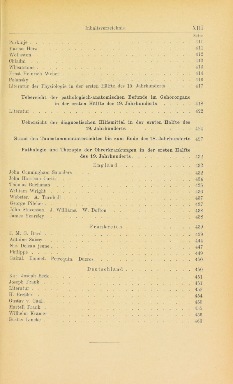 Seite Purkinje 411 Marcus Herz 411 Wollaston ... 412 Chladni 413 Wheatstone -. 413 Ernst Heinrich Weber 414 Polansky 416 Literatur der Physiologie in der ersten Hälfte des 19. Jahrhunderts .... 417 Uebersicht der pathologisch-anatomischen Befunde im Gehörorgane in der ersten Hälfte des 19. Jahrhunderts 418 Literatur 422 Uebersicht der diagnostischen Hilfsmittel in der ersten Hälfte des 19. Jahrhunderts 424 Stand des Taubstummenunterrichtes bis zum Ende des 18. Jahrhunderts 427 Pathologie und Therapie der Ohrerkrankungen in der ersten Hälfte des 19. Jahrhunderts 432 England 432 John Cunningham Saunders 432 John Harrison Curtis 434 Thomas Buchanan 435 William Wright 4,36 Webster. A. Turnbull 437 George Pilclier 437 John Stevenson. J. Williams. W. Dufton . . 438 James Yearsley 438 Frankreich 439 J. M. G. Itard 439 Antoine Saissy 444 Nie. Deleau jeune 447 Philippe 449 Gairal. Bonnet. Petrequin. Ducros 450 Deutschland 450 Karl Joseph Beck 451 Joseph Frank 451 Literatur 452 H. Breßler 454 Gustav v. Gaal 455 Martell Frank . . 455 Wilhelm Kramer . . 455 Gustav Lincke 433