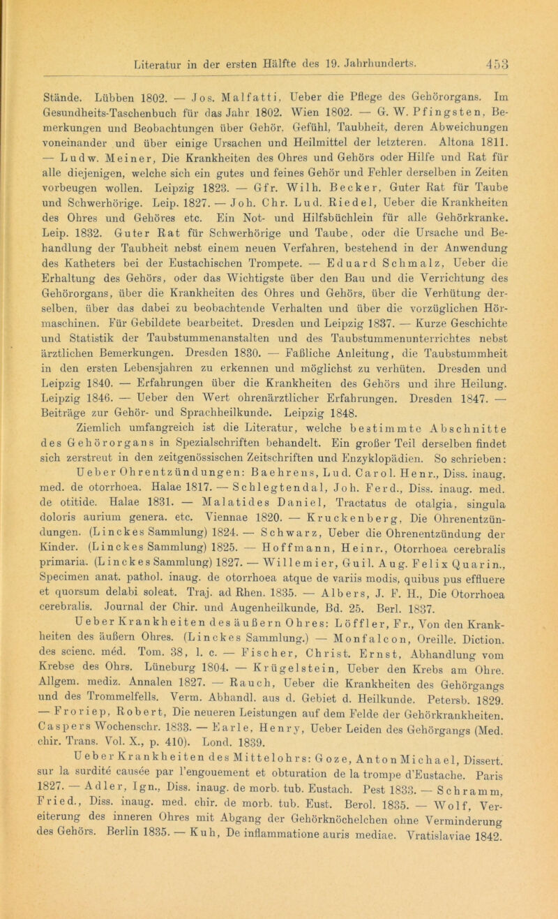 Stände. Lübben 1802. — Jos. Malfatti, Ueber die Pflege des Gehörorgans. Im Gesundheits-Taschenbuch für das Jahr 1802. Wien 1802. — G. W. Pfingsten, Be- merkungen und Beobachtungen über Gehör. Gefühl, Taubheit, deren Abweichungen voneinander und über einige Ursachen und Heilmittel der letzteren. Altona 1811. — Ludw. Meiner, Hie Krankheiten des Ohres und Gehörs oder Hilfe und Rat für alle diejenigen, welche sich ein gutes und feines Gehör und Fehler derselben in Zeiten Vorbeugen wollen. Leipzig 1823. — Gfr. Wilh. Becker, Guter Rat für Taube und Schwerhörige. Leip. 1827. — Joh. Chr. Lud. Riedel, Ueber die Krankheiten des Ohres und Gehöres etc. Ein Not- und Hilfsbüchlein für alle Gehörkranke. Leip. 1832. Guter Rat für Schwerhörige und Taube, oder die Ursache und Be- handlung der Taubheit nebst einem neuen Verfahren, bestehend in der Anwendung des Katheters bei der Eustachischen Trompete. — Eduard Schmalz, Ueber die Erhaltung des Gehörs, oder das Wichtigste über den Bau und die Verrichtung des Gehörorgans, über die Krankheiten des Ohres und Gehörs, über die Verhütung der- selben, über das dabei zu beobachtende Verhalten und über die vorzüglichen Hör- maschinen. Für Gebildete bearbeitet. Dresden und Leipzig 1837. — Kurze Geschichte und Statistik der Taubstummenanstalten und des Taubstummenunterrichtes nebst ärztlichen Bemerkungen. Dresden 1830. — Faßliche Anleitung, die Taubstummheit in den ersten Lebensjahren zu erkennen und möglichst zu verhüten. Dresden und Leipzig 1840. — Erfahrungen über die Krankheiten des Gehörs und ihre Heilung. Leipzig 1846. — Ueber den Wert ohrenärztlicher Erfahrungen. Dresden 1847. —• Beiträge zur Gehör- und Sprachheilkunde. Leipzig 1848. Ziemlich umfangreich ist die Literatur, welche bestimmte Abschnitte des Gehörorgans in Spezialschriften behandelt. Ein großer Teil derselben findet sich zerstreut in den zeitgenössischen Zeitschriften und Enzyklopädien. So schrieben: Ueber Ohrentzündungen: Baehrens, Lud. Carol. Henr., Diss. inaug. med. de otorrhoea. Halae 1817. — Schlegtendal, Joh. Ferd., Diss. inaug. med. de otitide. Halae 1831. — Malatides Daniel, Tractatus de otalgia, singula doloris aurium genera. etc. Viennae 1820. — Kruckenberg, Die Ohrenentzün- dungen. (Linckes Sammlung) 1824.— Schwarz, Ueber die Ohrenentzündung der Kinder. (Linckes Sammlung) 1825. — Hoffmann, Heinr., Otorrhoea cerebralis primaria. (Linckes Sammlung) 1827. — Wi 11 e m i e r, G u i 1. Aug. Felix Q u a r i n., Specimen anat. pathol. inaug. de otorrhoea atque de variis modis, quibus pus effluere et quorsum delabi soleat. Traj. ad Rhen. 1835. — AIbers, J. F. H., Die Otorrhoea cerebralis. .Journal der Chir. und Augenheilkunde, Bd. 25. Berl. 1837. Ueber Krankheiten des äußern Ohres: Löffler, Fr., Von den Krank- heiten des äußern Ohres. (Linckes Sammlung.) — Monfalcon, Oreille. Diction. des scienc. med. Tom. 38, 1. c. — Fischer, Christ. Ernst, Abhandlung vom Krebse des Ohrs. Lüneburg 1804. — Krügelstein, Ueber den Krebs am Ohre. Allgem. mediz. Annalen 182/. Rauch, Ueber die Krankheiten des Gehörgangs und des Trommelfells. Verm. Abhandl. aus d. Gebiet d. Heilkunde. Petersb. 1829. — Froriep, Robert, Die neueren Leistungen auf dem Felde der Gehörkrankheiten. Caspers Wochenschr. 1833. — Earle, Henry, Ueber Leiden des Gehörgangs (Med. chir. Trans. Vol. X., p. 410). Lond. 1839. Ueber Krankheiten des Mittelohrs: Goze, An to n Mi ch a el, Dissert. sur la surdite causee par l’engouement et obturation de la trompe d'Eustache. Paris 1827. — Adler, Ign., Diss. inaug. de morb. tub. Eustach. Pest 1833. — Schramm. Fried., Diss. inaug. med. chir. de morb. tub. Eust. Berol. 1835. — Wolf, Ver- eiterung des inneren Ohres mit Abgang der Gehörknöchelchen ohne Verminderung des Gehörs. Berlin 1835. — Kuh, De inflammatione auris mediae. Vratislaviae 1842.