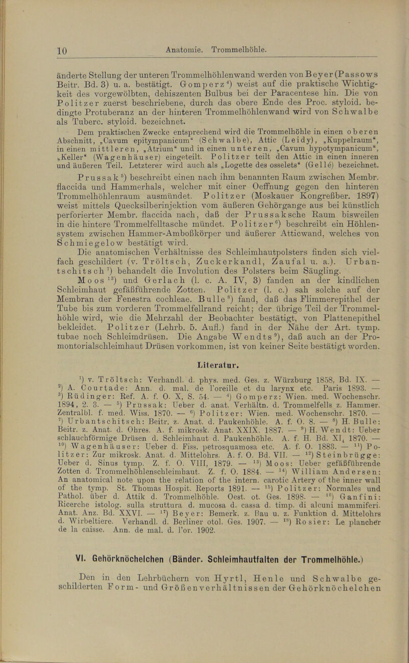 änderte Stellung der unteren Trommelhöhlen wand werden von Beyer (Passows Beitr. Bd. 3) u. a. bestätigt. Gomperz4) weist auf die praktische Wichtig- keit des vorgewölbten, dehiszenten Bulbus hei der Paracentese hin. Die von Politzer zuerst beschriebene, durch das obere Ende des Proc. styloid. be- dingte Protuberanz an der hinteren Trommelhöhlenwand wird von Schwalbe als Tuberc. styloid. bezeichnet. Dem praktischen Zwecke entsprechend wird die Trommelhöhle in einen oberen Abschnitt, „Cavum epitympanicum“ (Schwalbe), Attic (Leidy), „Kuppelraum“, in einen mittleren, „Atrium“ undineinen unteren, „Cavum hypotympanicum“, „Keller“ (Wagenhäuser) eingeteilt. Politzer teilt den Attic in einen inneren und äußeren Teil. Letzterer wird auch als „Logette des osselets“ (Gelle) bezeichnet. Prussak5) beschreibt einen nach ihm benannten Raum zwischen Membr. flaccida und Hammerhais, welcher mit einer OefFnung gegen den hinteren Trommelhöhlenraum ausmündet. Politzer (Moskauer Kongreßbei'. 1897) weist mittels Quecksilberinjektion vom äußeren Gehörgange aus bei künstlich perforiei'ter Membr. flaccida nach, daß der Prussak sehe Raum bisweilen in die hintere Trommelfelltasche mündet. Politzer6) beschreibt ein Höhlen- system zwischen Hammer-Amboßkörper und äußerer Atticwancl, welches von Schmiegelow bestätigt wird. Die anatomischen Verhältnisse des Schleimhautpolstei’s finden sich viel- fach geschildert (v. Tröltsch, Zuckerkandl, Zaufal u. a.). Urban- tschitsch7) behandelt die Involution des Polsters beim Säugling. Moos 13) und Gerlach (1. c. A. IV, 3) fanden an der kindlichen Schleimhaut gefäßführende Zotten. Politzer (1. c.) sah solche auf der Membran der Fenestra cochleae. Bulle8) fand, daß das Flimmerepithel der Tube bis zum vorderen Trommelfellrand reicht; der übrige Teil der Trommel- höhle wird, wie die Mehrzahl der Beobachter bestätigt, von Plattenepithel bekleidet. Politzer (Lehrb. 5. Aufl.) fand in der Nähe der Art. tymp. tubae noch Schleimdrüsen. Die Angabe Wendts9), daß auch an der Pro- montorialschleimhaut Drüsen Vorkommen, ist von keiner Seite bestätigt worden. Literatur. 4) v. Tröltsch: Verhandl. d. phys. med. Ges. z. Würzburg 1858, Bd. IX. — 2) A. Court ade: Ann. d. mal. de l’oreille et du larynx etc. Paris 1893. — 3) Rüdinger: Ref. A. f. 0. X, S. 54. — 4) Gomperz: Wien. med. Wochenschr. 1894, 2. 3. — 5) Prussak: Ueber d. anat. Verhältn. d. Trommelfells z. Hammer. Zentral bl. f. med. Wiss. 1870. — G) Politzer: Wien. med. Wochenschr. 1870. — 7) Urbantschitsch: Beitr. z. Anat. d. Paukenhöhle. A. f. 0. 8. — 8) H. Bulle: Beitr. z. Anat. d. Ohres. A. f. mikrosk. Anat. XXIX. 1887. — 9)H. Wendt: Ueber schlauchförmige Drüsen d. Schleimhaut d. Paukenhöhle. A. f. H. Bd. XI4 1870. — 10) Wagenhäuser: Ueber d. Fiss. petrosquamosa etc. A. f. 0. 1883. — n) Po- litzer: Zur mikrosk. Anat. d. Mittelohrs. A. f. 0. Bd. VII. — 12) S t e in b r ügg e : Ueber d. Sinus tymp. Z. f. 0. VIII, 1879. — 13) Moos: Ueber gefäßführende Zotten d. Trommelhöhlenschleimhaut. Z. f. 0. 1884. — 14) William Andersen: An anatomical note upon the relation of the intern, carotic Artery of the inner wall of the tymp. St. Thomas Hospit. Reports 1891. — 15) Politzer: Normales und Pathol. über d. Attik d. Trommelhöhle. Oest. ot. Ges. 1898- — 16) Ganfini: Ricerclie istolog. sulla struttura d. mucosa d. cassa d. timp. di alcuni mammiferi. Anat. Anz. Bd. XXVI. — 17) Beyer: Bemerk, z. Bau u. z. Funktion d. Mittelohrs d. Wirbeltiere. Verhandl. d. Berliner otol. Ges. 1907. — 1S) Rosier: Le planchdt de la caisse. Ann. de mal. d. l’or. 1902. VI. Gehörknöchelchen (Bänder. Schleimhautfalten der Trommelhöhle.) Den in den Lehrbüchern von Hyrtl, Henle und Schwalbe ge- schilderten Form- und Groß en Verhältnissen der Gehörknöchelchen