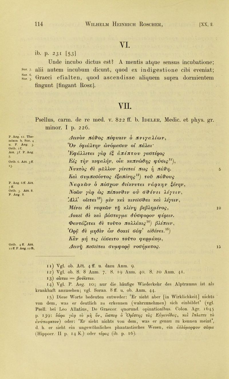 YI. ib. p. 231 1531 Unde incubo dictus est? A mentis atque sensus incubatione; Sor 7- alii autem incubum dicunt, quod ex indigestione cibi eveniat; sol 3' Graeci efialten, quod ascendisse aliquem supra dormientem fingunt [fingant Rose]. vii. Psellus, carm. de re med. v. 822 ff. b. Ideler, Medic. et phys. gr. minor. I p. 226. P. Aeg. 12. Tlie- miaon b. Sor. 4 u. P. Aeg. 4. Orib. 2 f. Aet. 3 f. P. Aeg 5- Orib. 6. Aet. 3 ff. *3- P. Aeg. 6 ff. Aet. 7 ff. Orib. 3. Aet. 8. P. Aeg. 8. Orib. 4 ff. Aet. ii ff. P. Aeg. 12 ff. zleivbv rtüftog rticpvxev 6 rtvtyaXiav, 'X)v icpidXxyv avo^iaßar oi Jtälcu' ’EcpäXXezai yag £$ arteitxov yaöxeqog Eig xyv xecpaXyv, oia xaitvadyg (pvötg11), Nvxxog dt iiaXXov yivexai Jtoig y Jtäfty. Kal Gv^uteGovxog efcajtivyg12) xov itäftovg Naqx&v 6 JtaGyav deCxvvxca vctqxyv £ivyv, Nowv yuq cag jtejtovftev ov öfterst Xeyeiv, ’AXX’ oiexai13) per zcä xiveiGftcu v.ai Xeyeiv, Merel de vaozdjv xy zXi'vy ßeßXypevog, Aoxei de xal ßaGxayqa dvGcpoqov cpeoEtv. fpavxd^Excu de xovxo jtoXXuxigu) ßXe'rteiv, Oqcc de qydev rar doxel Gcicp eidevcu.15) Rav qy xig i'aGaixo xovxo tpaq^axa, Aetvy rteGeixai Gvqcpoqq voGyqaxog. 11) Vgl. ob. Aöt. 4 ff. u. dazu Anm. 9. 12) Vgl. ob. S. 8 Anm. 7. S. 19 Anm. 40. S. 20 Anm. 41. 13) oteTcu — ßovXsrcxL. 14) Vgl. P. Aeg. io; nur die häufige Wiederkehr des Alptraums ist als krankhaft anzusehen; vgl. Sorau. 8 ff. u. ob. Anm. 44. 15) Diese Worte bedeuten entweder: 'Er sieht aber | in Wirklichkeit] nichts von dem, was er deutlich zu erkenueu (wahrzunehmen) sich einbildet’ (vgl. Psell. bei Leo Allatius, De Graecor. quorund. opinationibus. Colon. Agr. 1645 p. 139: to'juu yag to firj ov, (oöjrep 0 ’Opf'öT»/£ Tag Evysvtdag, y.td irdaTTi to ävvTTaQXTov) oder: 'Er siebt nichts von dem, was er genau zu keimen meint’, d. h. er sieht ein ungewöhnliches phantastisches Wesen, ein dAAöpopqDor ocöfia