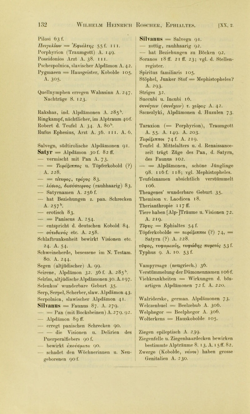 Pilosi 63 f. riviyccXUov = 'Etpuxkxr]g 55 1. I 11. Porphyrion (Traumgott) A. 149. Poseidonios Arzt A. 38. m. Pschezpolnica, slavischer Alpdämon A. 42. Pygmaeen = Hausgeister, Kobolde 105. A. 305- Quellnymphen erregen Wahnsinn A. 247. Nachträge S. 123. Rakshas, ind. Alpdämonen A. 285b. Ringkampf, nächtlicher, im Alptraum 40 t'. Robert d. Teufel A. 34. A. 8ob. Rufus Ephesius, Arzt A. 36. m. A. 6. Salvegn, südtirolische Alpdämonen 91. Satyr = Alpdämon 30 f. 82 ff. — vermischt mit Pan A. 73. — = TeiQu&nnoq u. Töpferkobold (?) A. 228. — = xixvQog, xguyog 83. — läöiog, SaGvGxsQvog (rauhhaarig) 83. — Satyrnamen A. 256 f. — hat Beziehungen z. pan. Schrecken A. 257b. — erotisch 83. — = Paniscus A. 254. — entspricht d. deutschen Kobold 84. — ovuöavog etc. A. 258. Schlaftrunkenheit bewirkt Visionen etc. 24. A. 54. Schweineherde, besessene im N. Testam. 80. A. 244. Segen (altjüdischer) A. 99. Seirene, Alpdämon 32. 36 f. A. 285b. Seirim, altjüdische Alpdämonen 30. A. 197. Seleukos’ wunderbare Geburt 35. Serp, Serpel, Scherber, slaw. Alpdämon 43. Serpolnica, slawischer Alpdämon 41. Silvanus = Faunus 87. A. 279. — = Pan (mit Bocksbeinen) A.279. 92. — Alpdämon 89 ff. — erregt panischen Schrecken 90. — — die Visionen u. Delirien des Puerperalfiebers 90 f. bewirkt cmovG/actxa 90. — schadet den Wöchnerinnen u. Neu- geborenen 90 f. Silvalins = Salvegn 91. — zottig, rauhhaarig 92. — hat Beziehungen zu Böcken 92. Soranos 18 ff'. 2 1 ff. 23; vgl. d. Stellen- registcr. Spiritus familiaris 105. Stophel, Junker Stof = Mephistopheles? A. 293. Striges 32. Succubi u. Incubi 16. Gvvuysiv (Gvviytiv) x. yetgetg A. 42. Szczezlyki, Alpdämonen d. Huzulen 73. Taraxion (= Porphyrion), Traumgott A. 55. A. 149. A. 203. T<xQuE,imtOL 74 f. A. 2 19. Teufel d. Mittelalters u. d. Renaissance- zeit trägt Züge des Pan, d. Satyrn, des Faunus 102. — = Alpdämonen, schöne Jünglinge 98. 116 f. 118; vgl. Mephistopheles. Teufelsnamen absichtlich verstümmelt 106. Theagenes’ wunderbare Geburt 35. Themison v. Laodicea 18. Therianthi'opie 1 1 7 ff. Tiere haben [Alp-]Träume u. Visionen 72. A. 219. Ticpvg = Ephialtes 5 4 f. Töpferkobolde = xctQagmnoi (?) 74, = Satyrn (?) A. 228. xvcpog, xvcpo^avLi]^ xvg)oodr]g TtvQSxög 53I’. Typhus 9. A. 10. 53 t. Vampyrsage (neugriech.) 36. Verstümmelung der Dämonennamen ioöf. Viehkrankheiten = Wirkungen d. bös- artigen Alpdämonen 7 2 f. A. 220. Walriderske, german. Alpdämonen 73. Welczenbuel = Beelzebub A. 306. Welphegor = Beelphegor A. 306. Wolterkens = Hauskobolde 105. Ziegen epileptisch A. 239. Ziegcnfelle u. Ziegenliaardecken bewirken bestimmte Alpträume 8. 13. A. 1 5 ff. 82. Zwerge (Kobolde, vctvoi) haben grosse Genitalien A. 230.